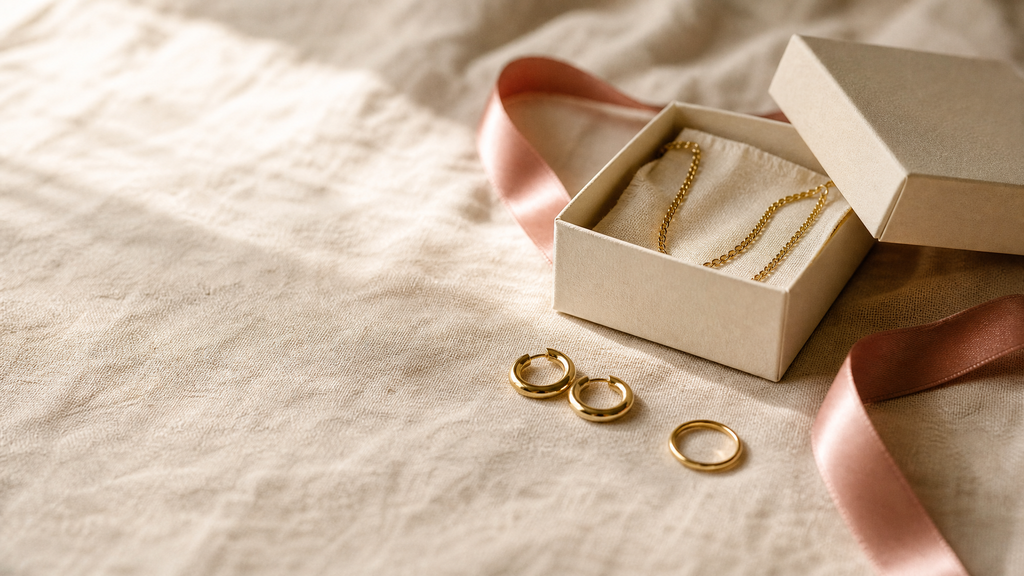 A gold chain necklace in an open gift box with hoops and a ring on ivory linen