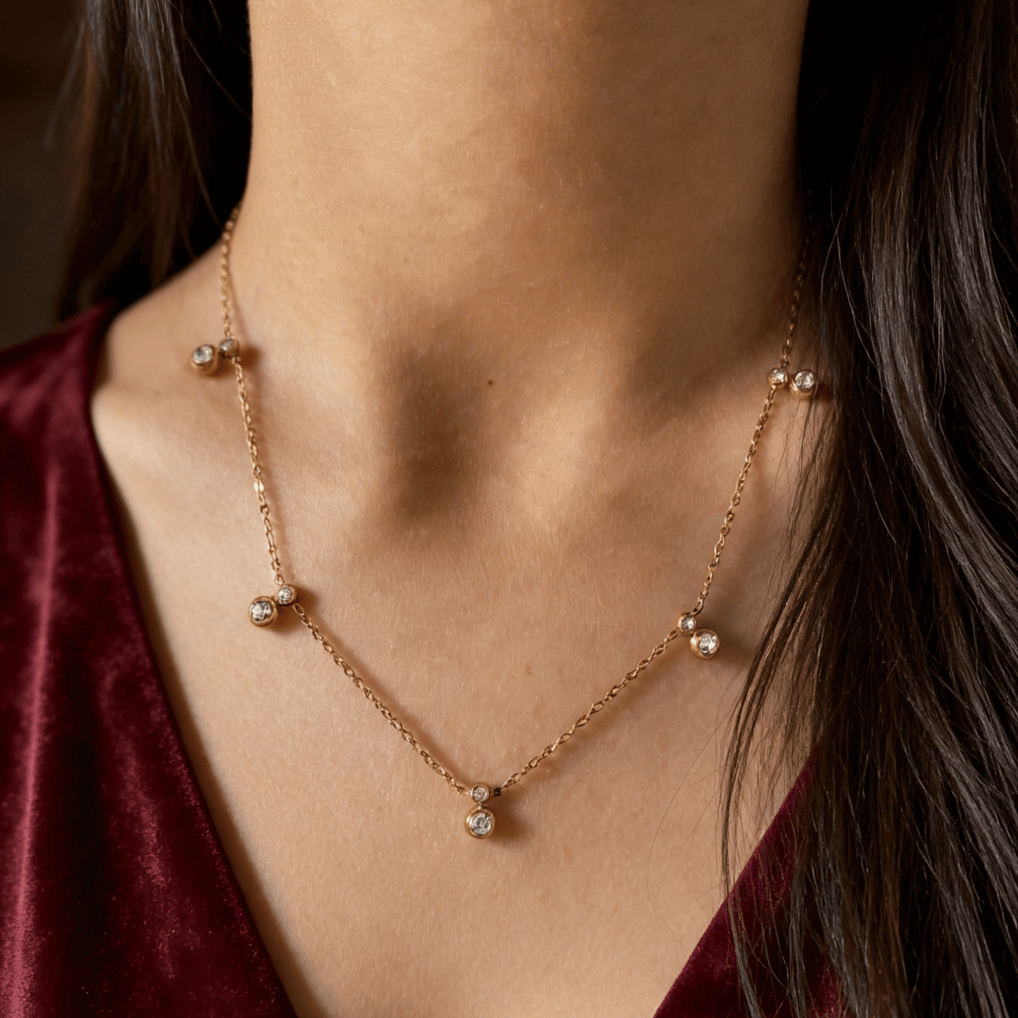 Crystal Bezel Station Necklace, waterproof 18k gold-plated stainless steel