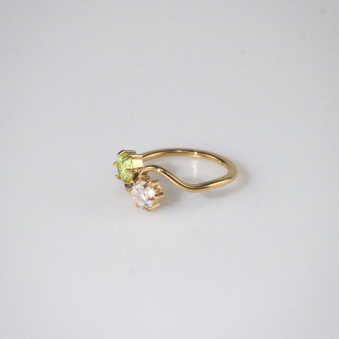 Peridot & White CZ Wave Ring, waterproof 18k gold-plated stainless steel