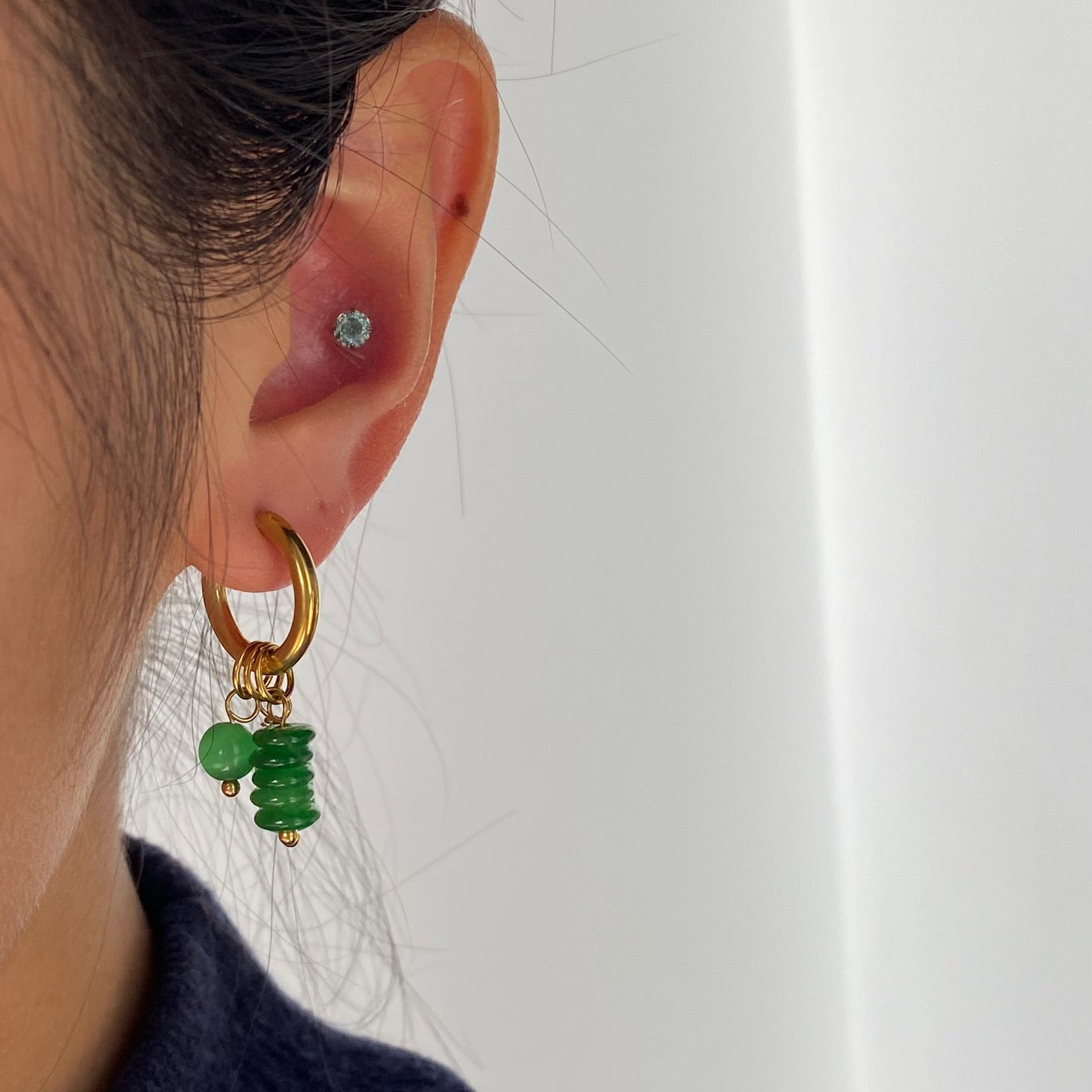 Meideya Green Jade Triple Charm Hoop Earrings, waterproof 18k gold-plated stainless steel