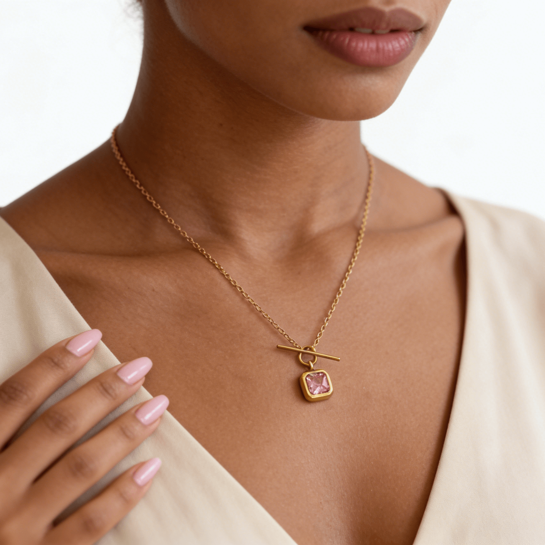 Meideya Pink Gemstone Toggle Necklace, waterproof 18k gold-plated stainless steel
