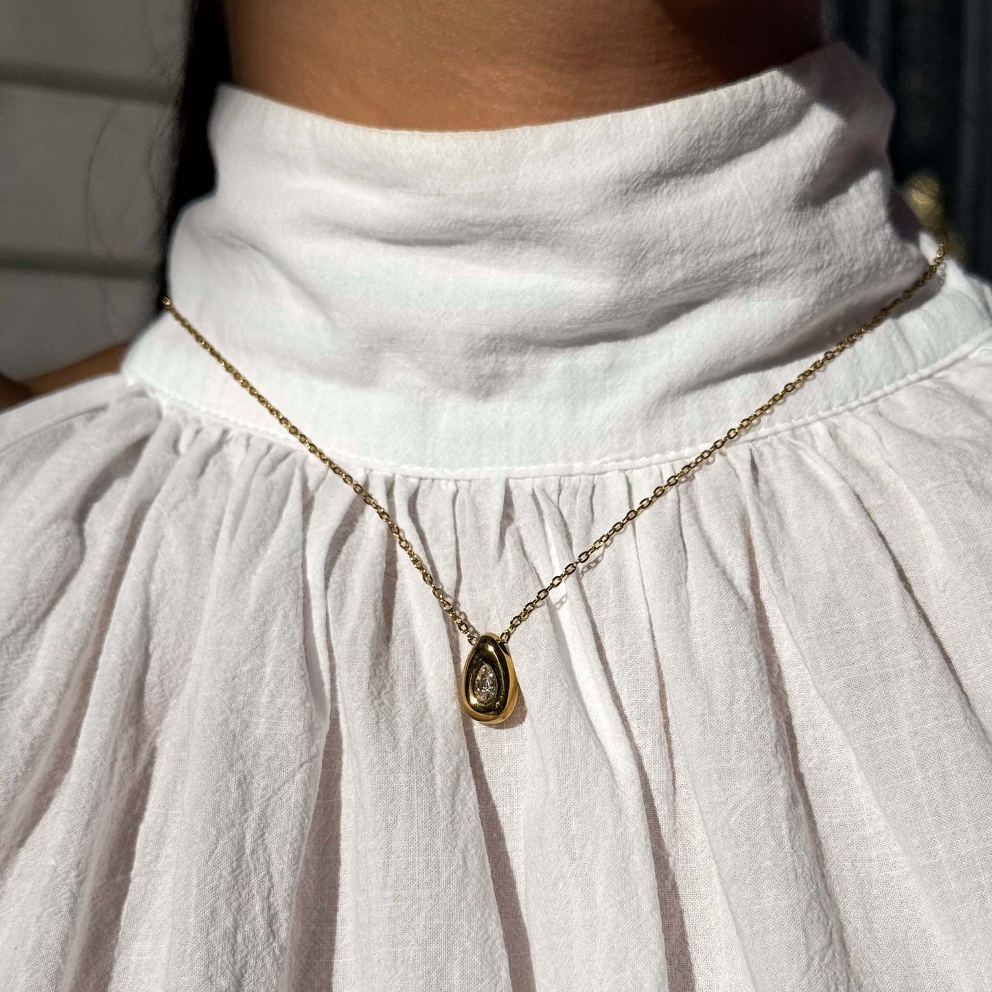 Pear Bezel Teardrop Necklace, waterproof 18k gold-plated stainless steel