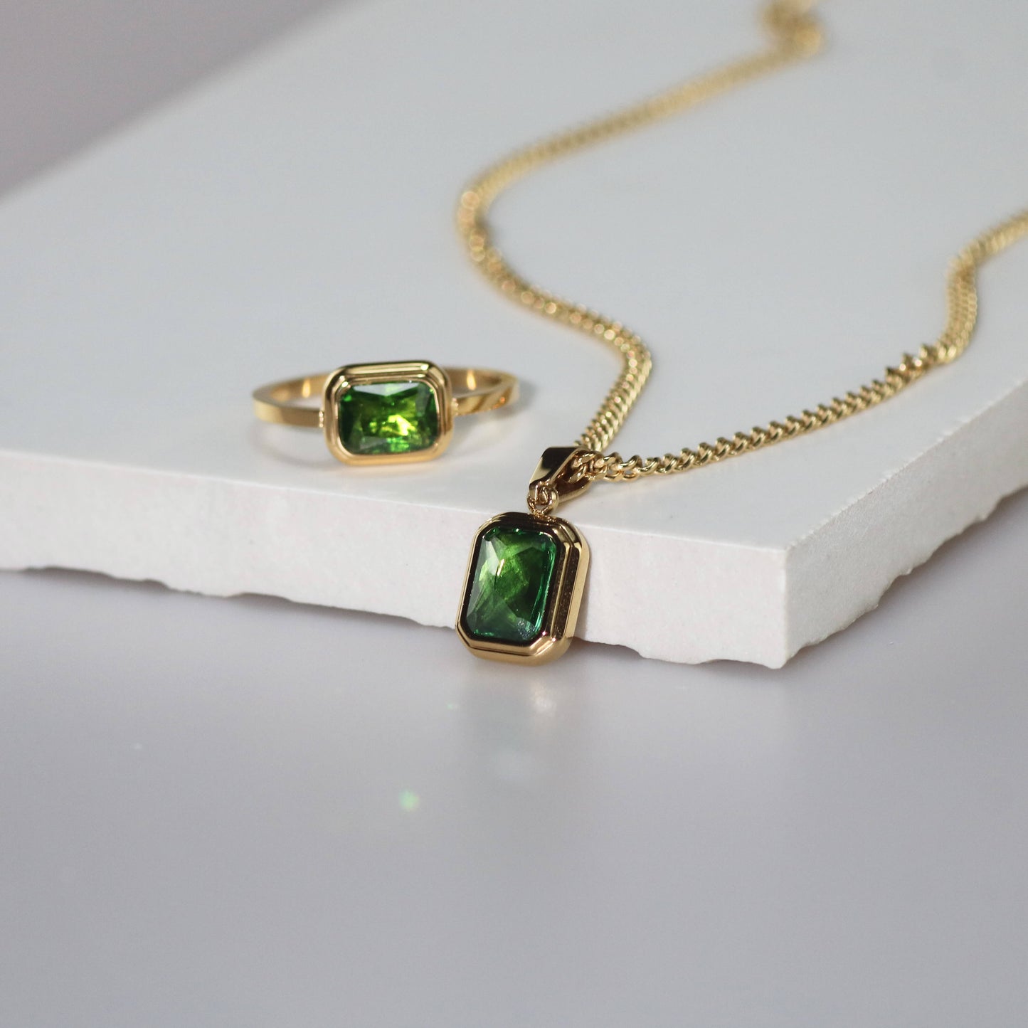 Square Emerald Jewelry Set, waterproof 18k gold-plated stainless steel