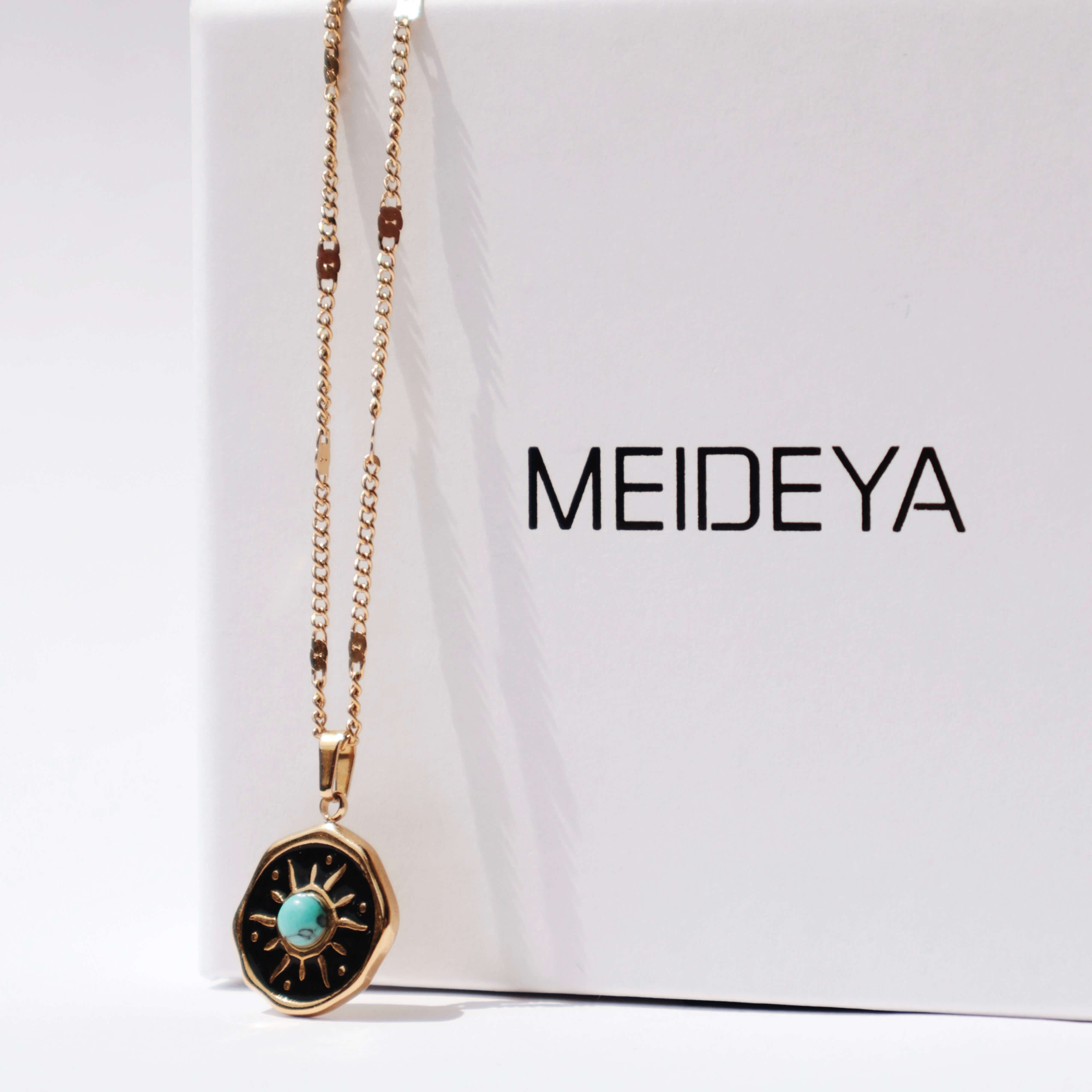 Turquoise Sun Medallion Necklace – Waterproof Gold Pendant