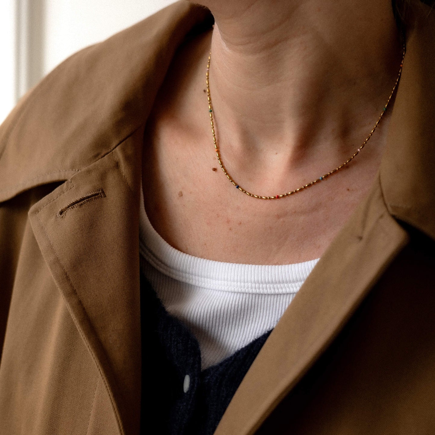 Rainbow Rice Bead Chain Necklace, waterproof 18k gold-plated stainless steel