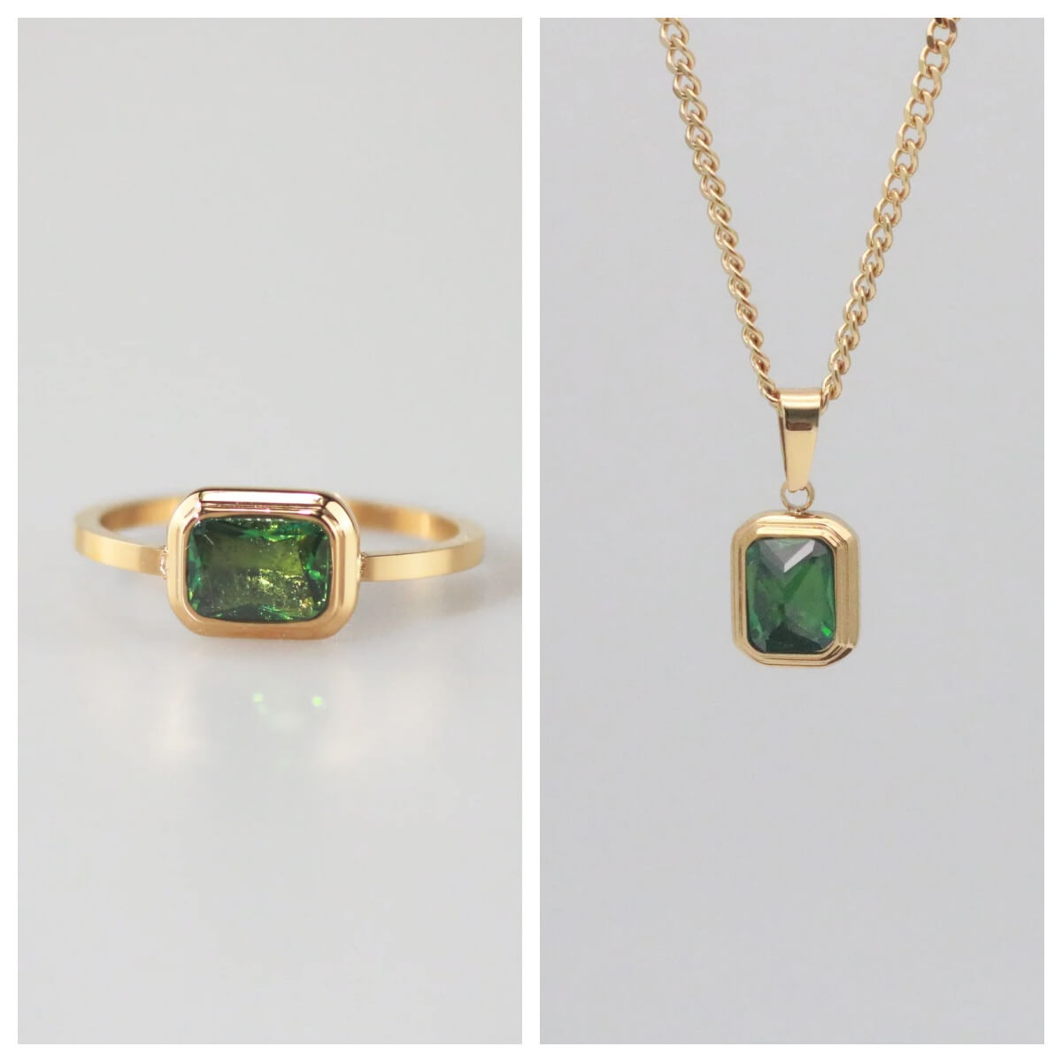 Meideya Square Emerald Jewelry Set, waterproof 18k gold-plated stainless steel