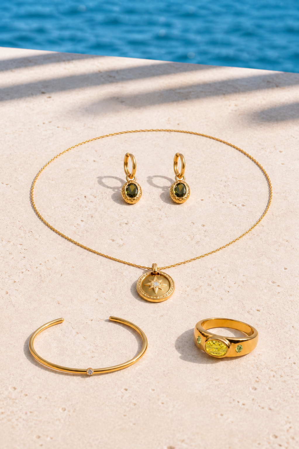 Harbor Noon jewelry set — flat lay