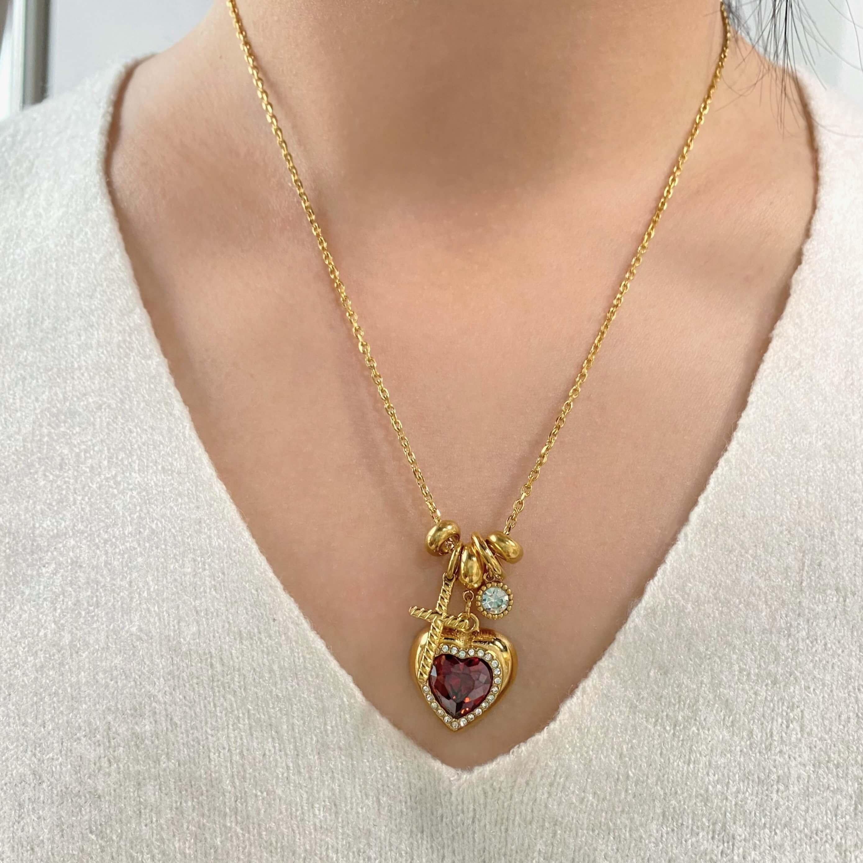 Meideya Waterproof Ruby Heart & Cross Charm Necklace, 18k gold-plated stainless steel