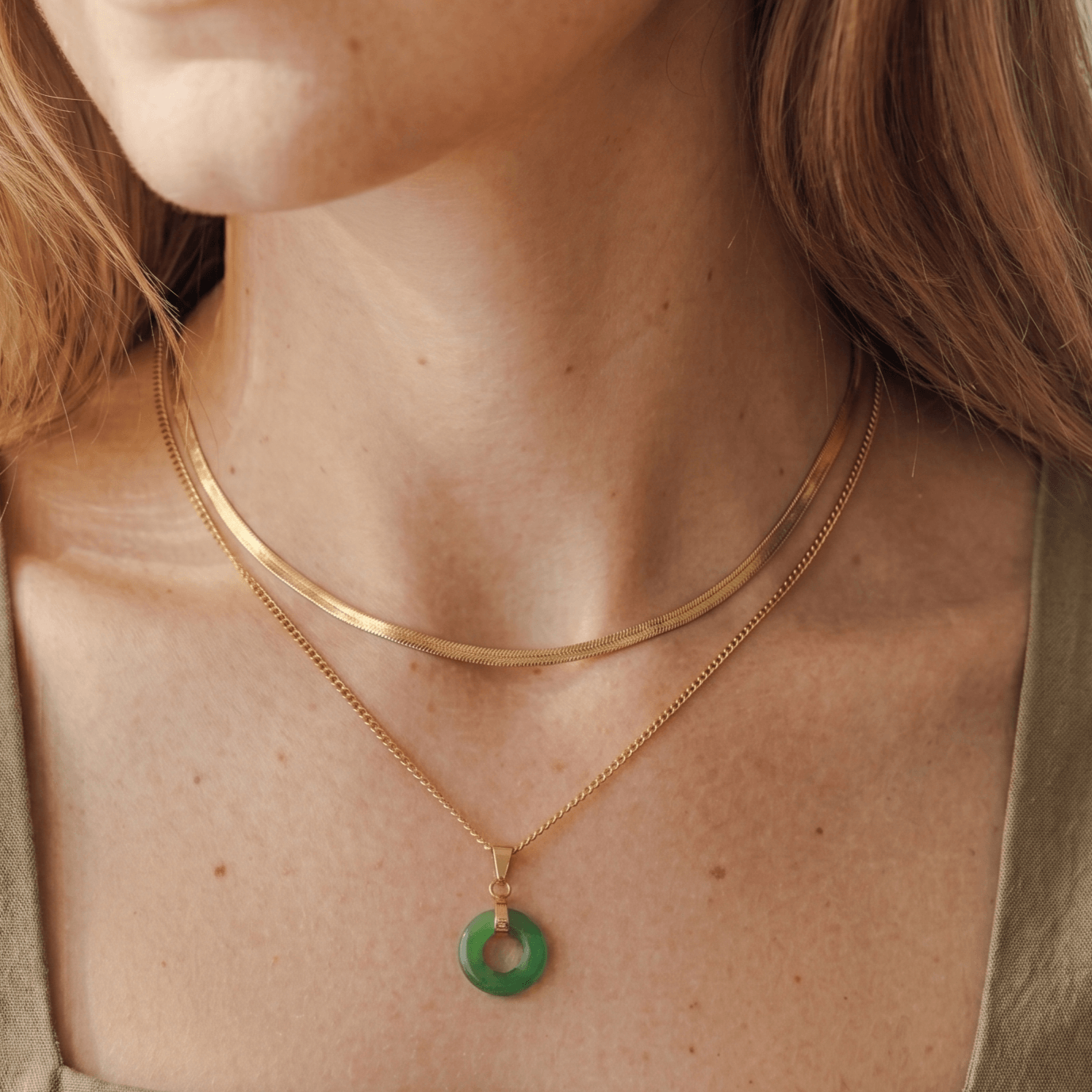 Meideya Waterproof Gold Green Jade Donut Necklace, 18k gold-plated stainless steel
