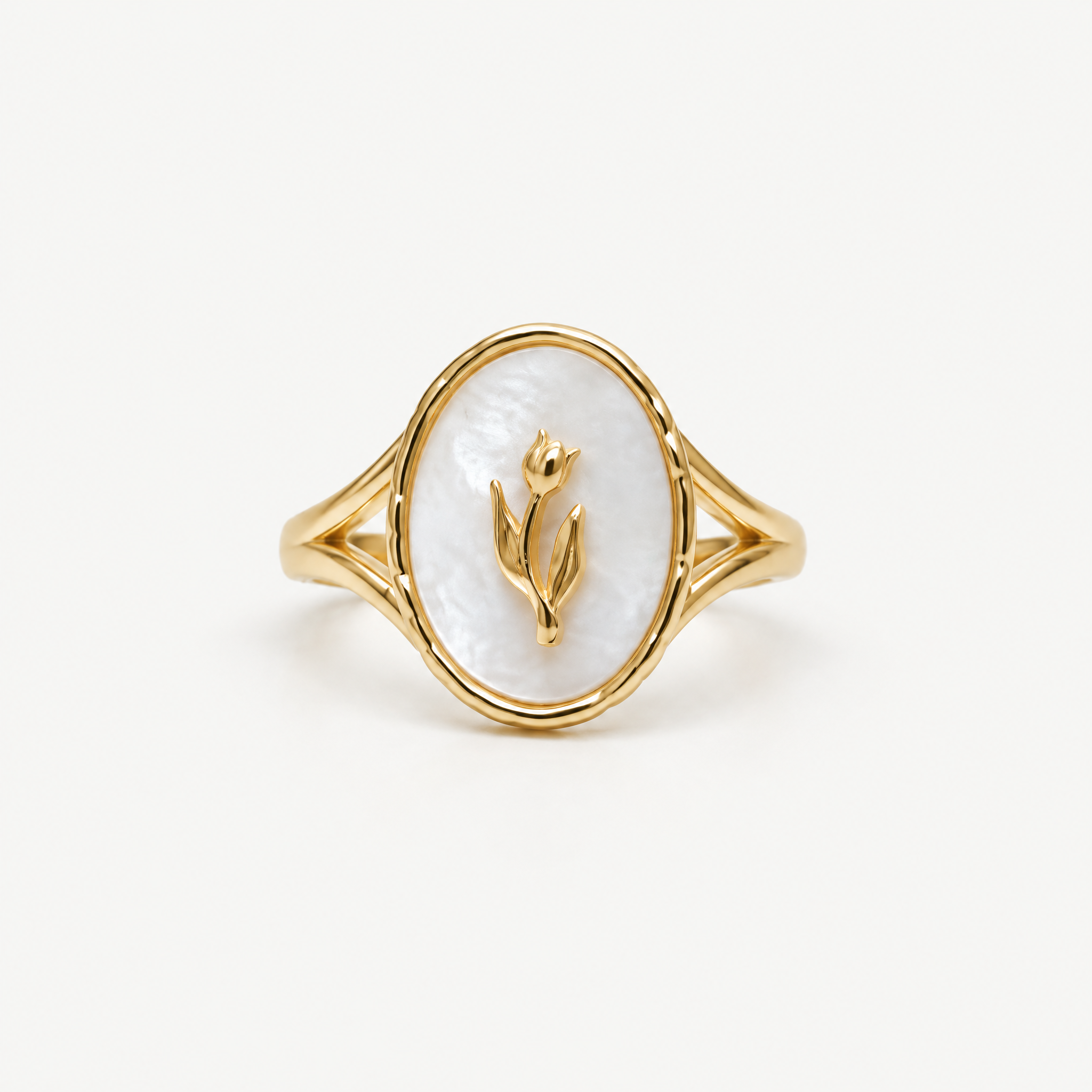 Gold Rose Signet Ring with a mother-of-pearl face