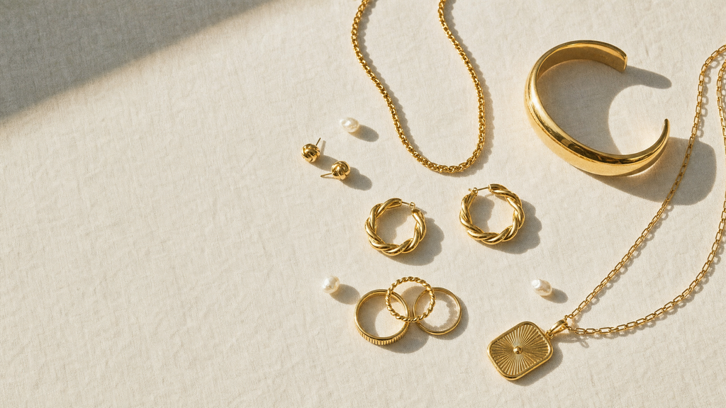 An overhead arrangement of best-selling 18k gold jewelry on bone linen