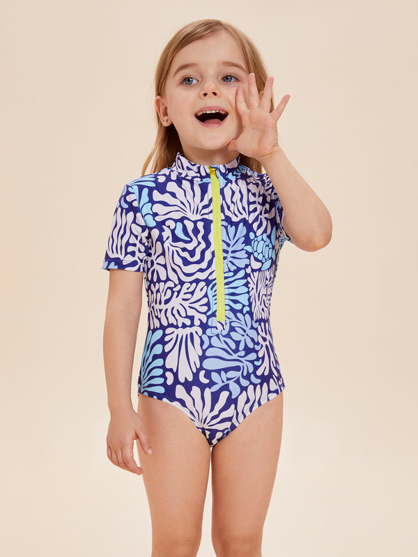 Girls' Coral Print One-Piece Swimsuit with Zipper