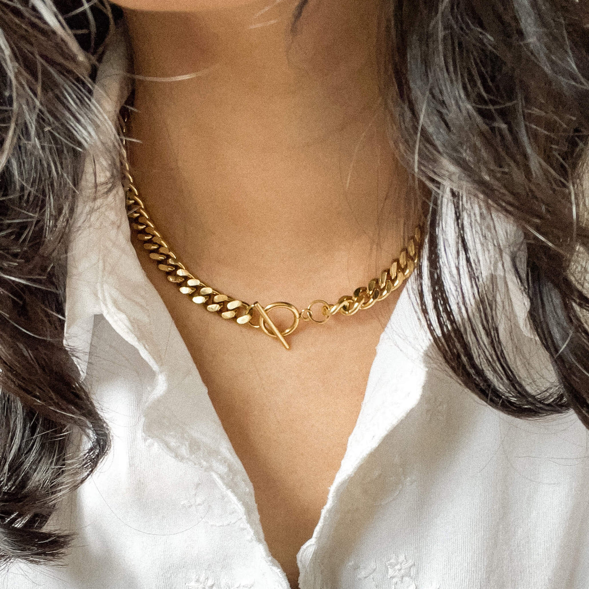 T-Bar Curb Chain Necklace, waterproof 18k gold-plated stainless steel