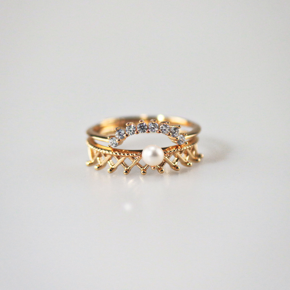 Pearl Crown Ring + Arch Band Ring Set