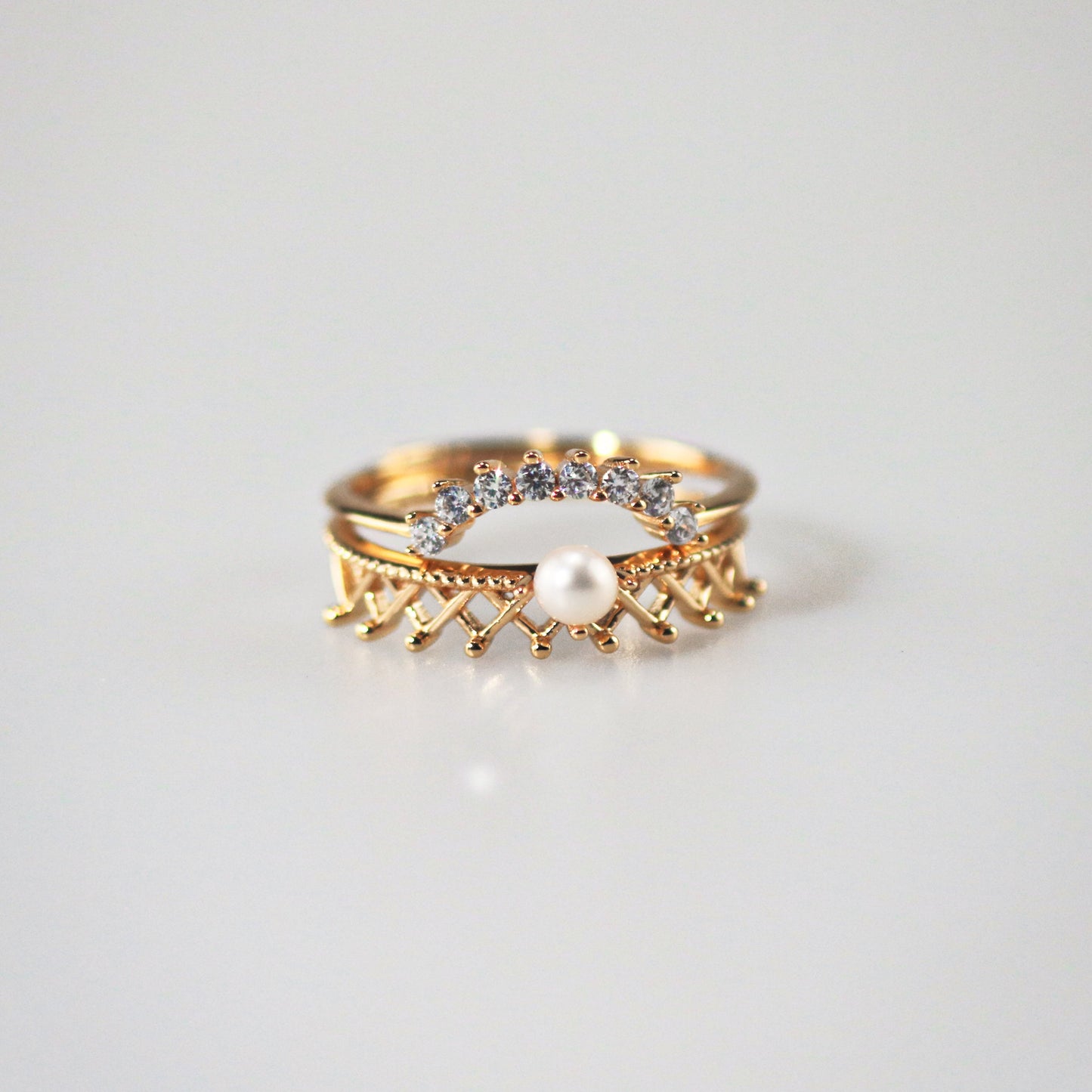 Pearl Crown Ring + Arch Band Ring Set