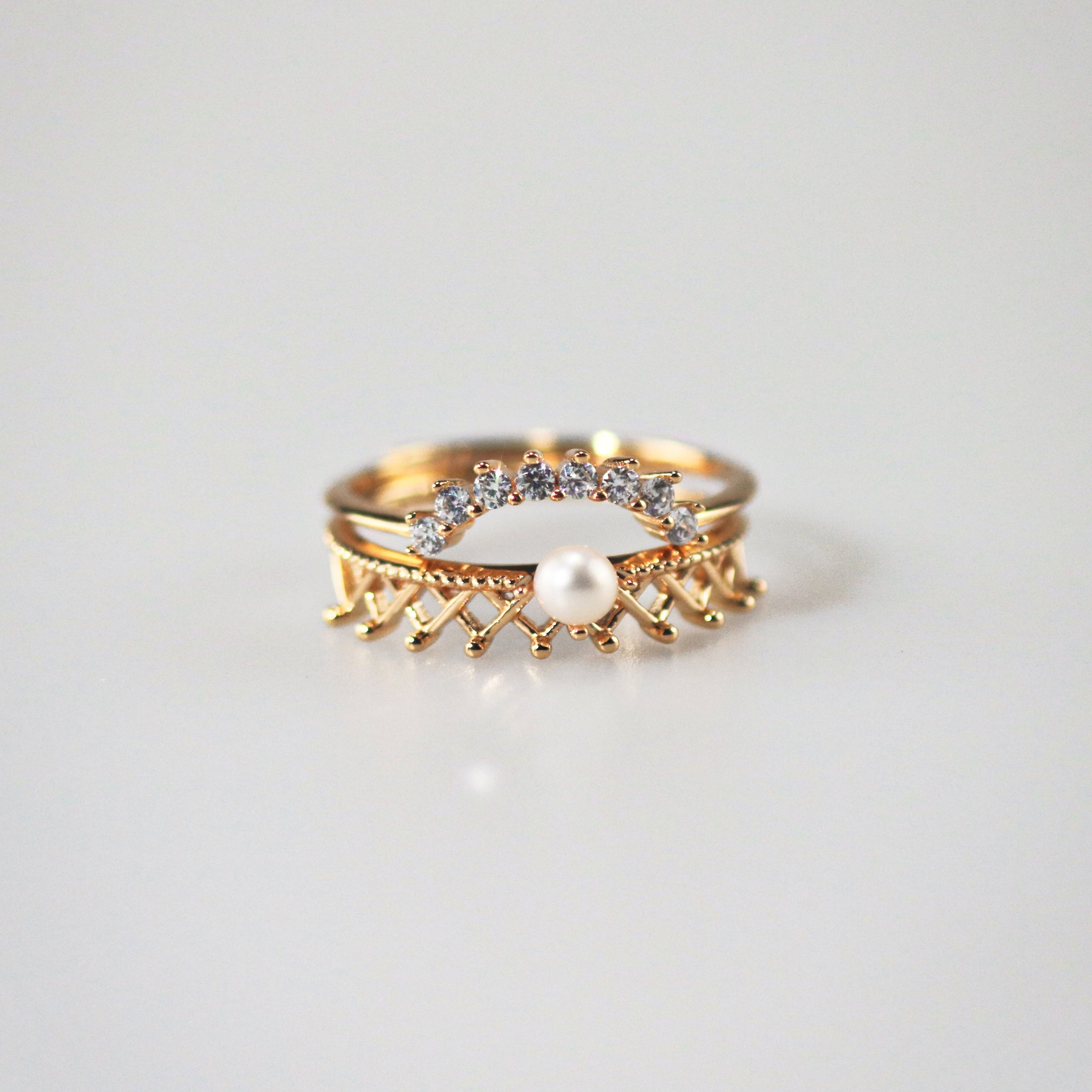 Pearl Crown Ring + Arch Band Ring Set