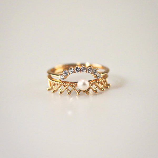 Pearl Crown Ring + Arch Band Ring Set - Adjustable Gold