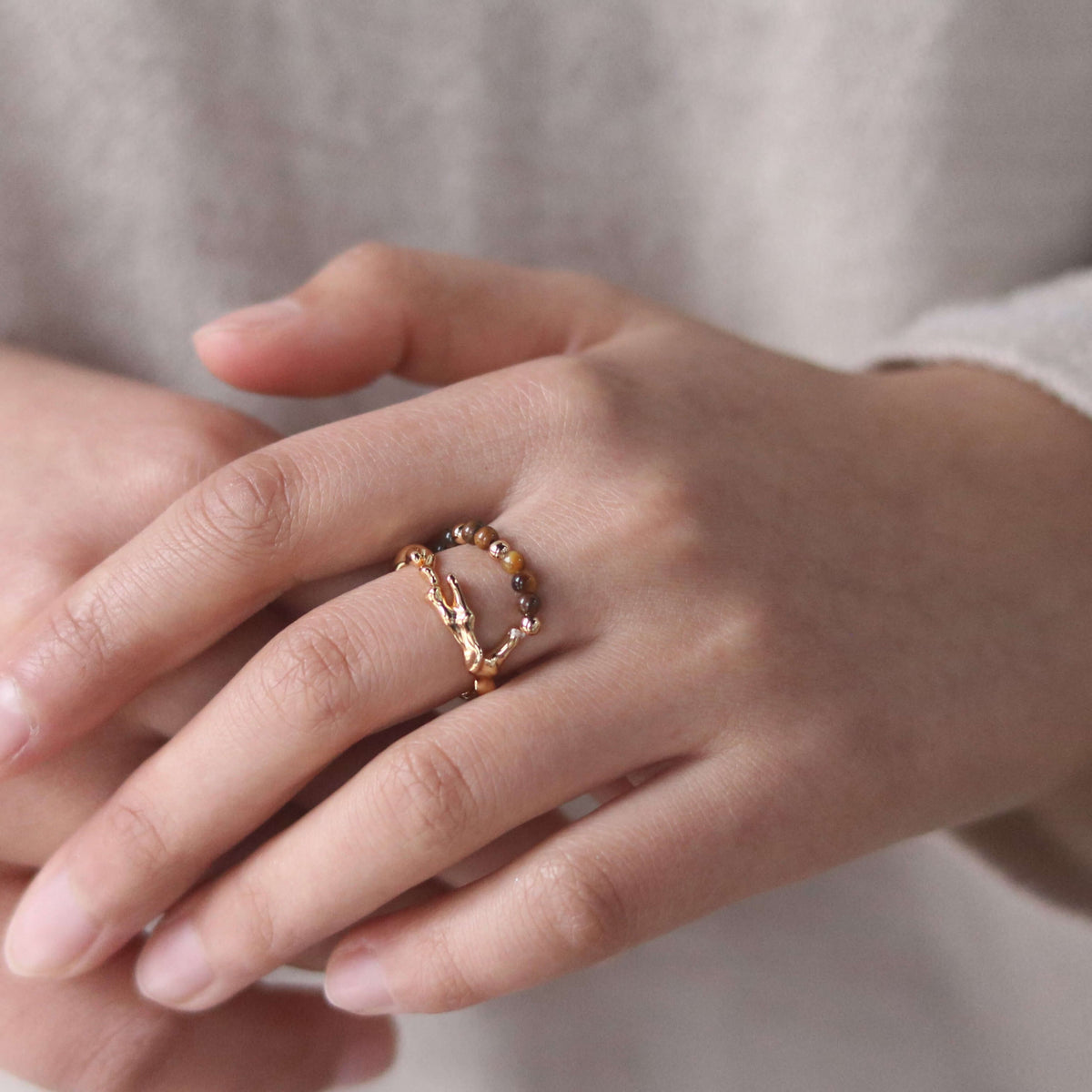 Aria Tigers Eye Beaded Ring, waterproof 18k gold-plated stainless steel