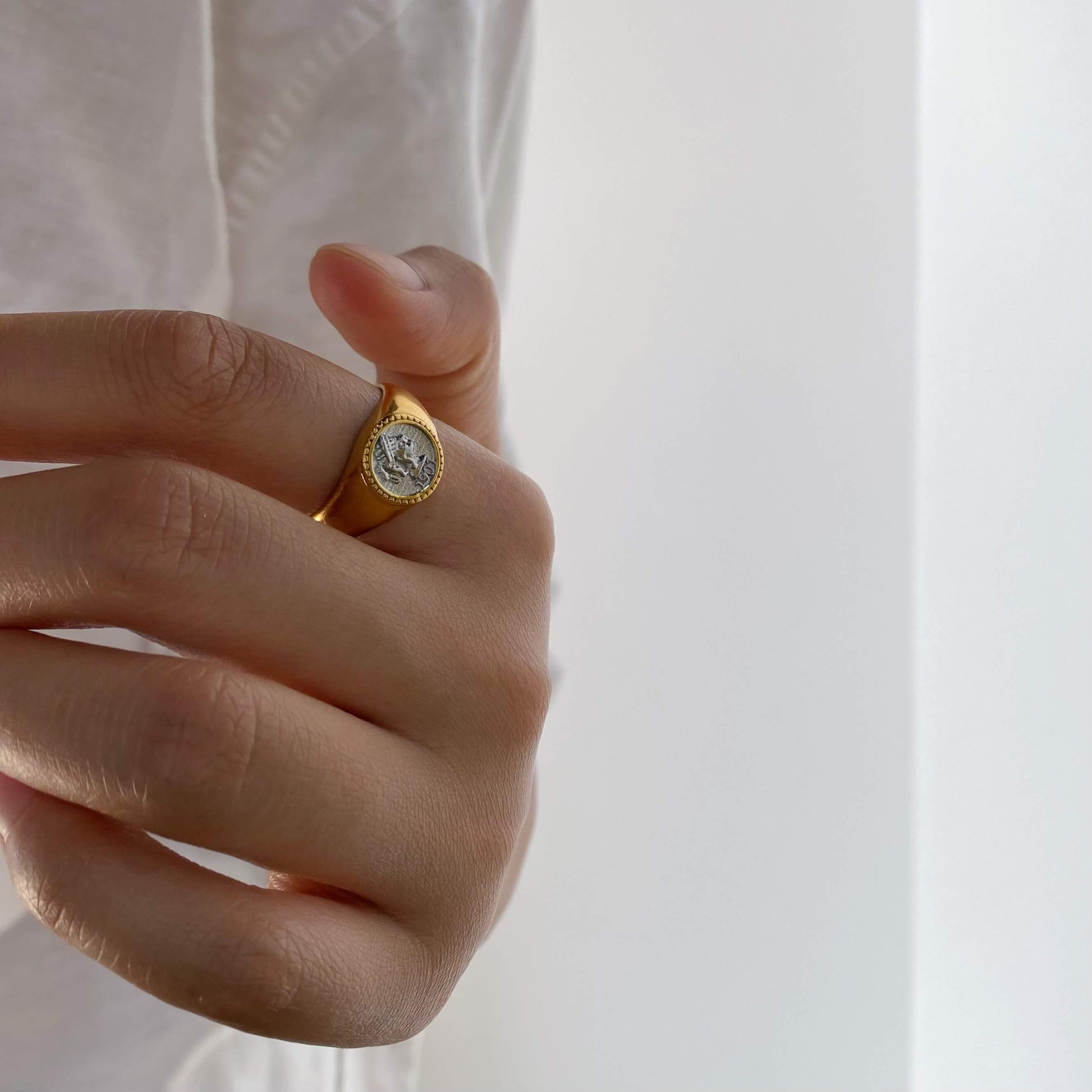 Athena Coin Signet Ring, waterproof 18k gold-plated stainless steel