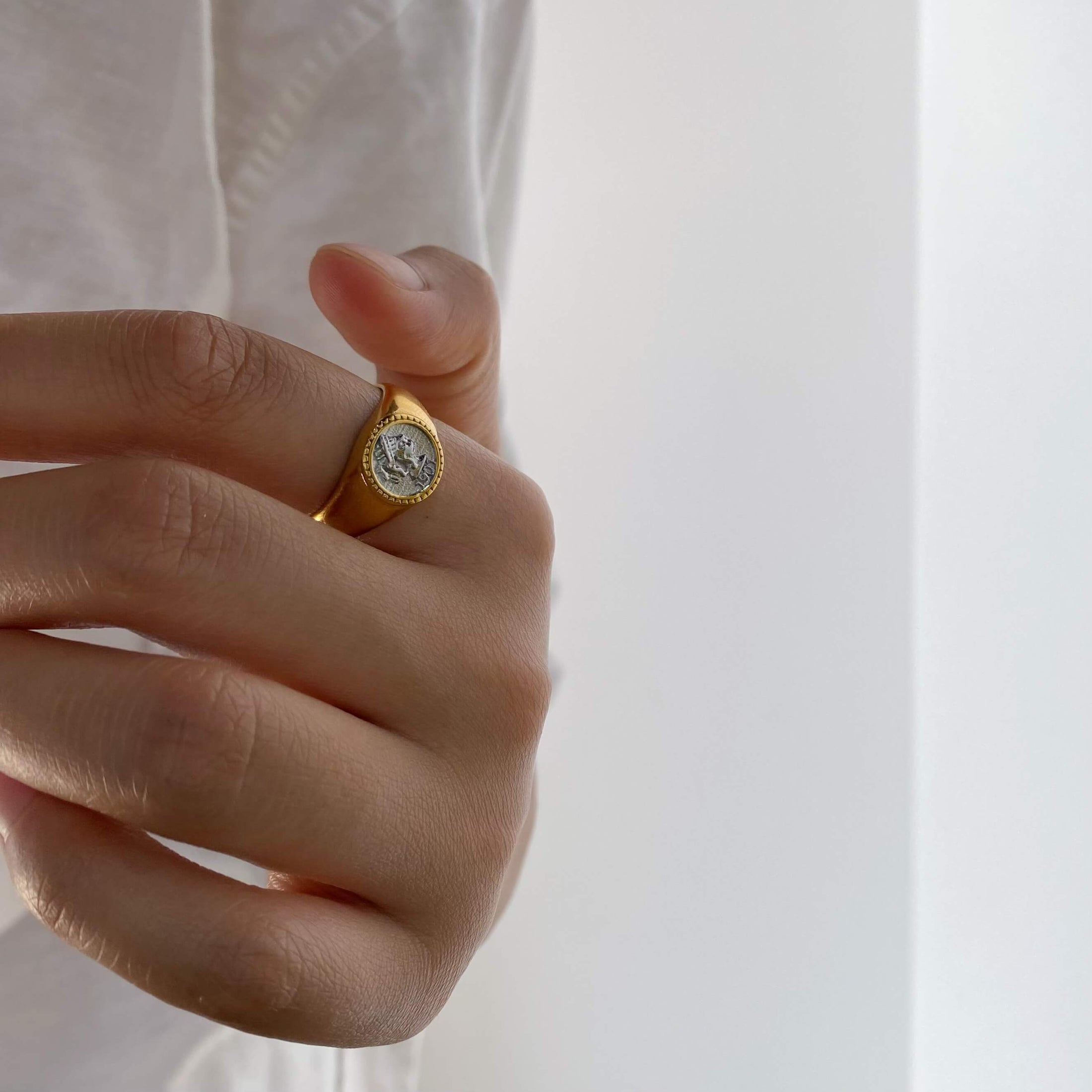 Athena Coin Signet Ring, waterproof 18k gold-plated stainless steel