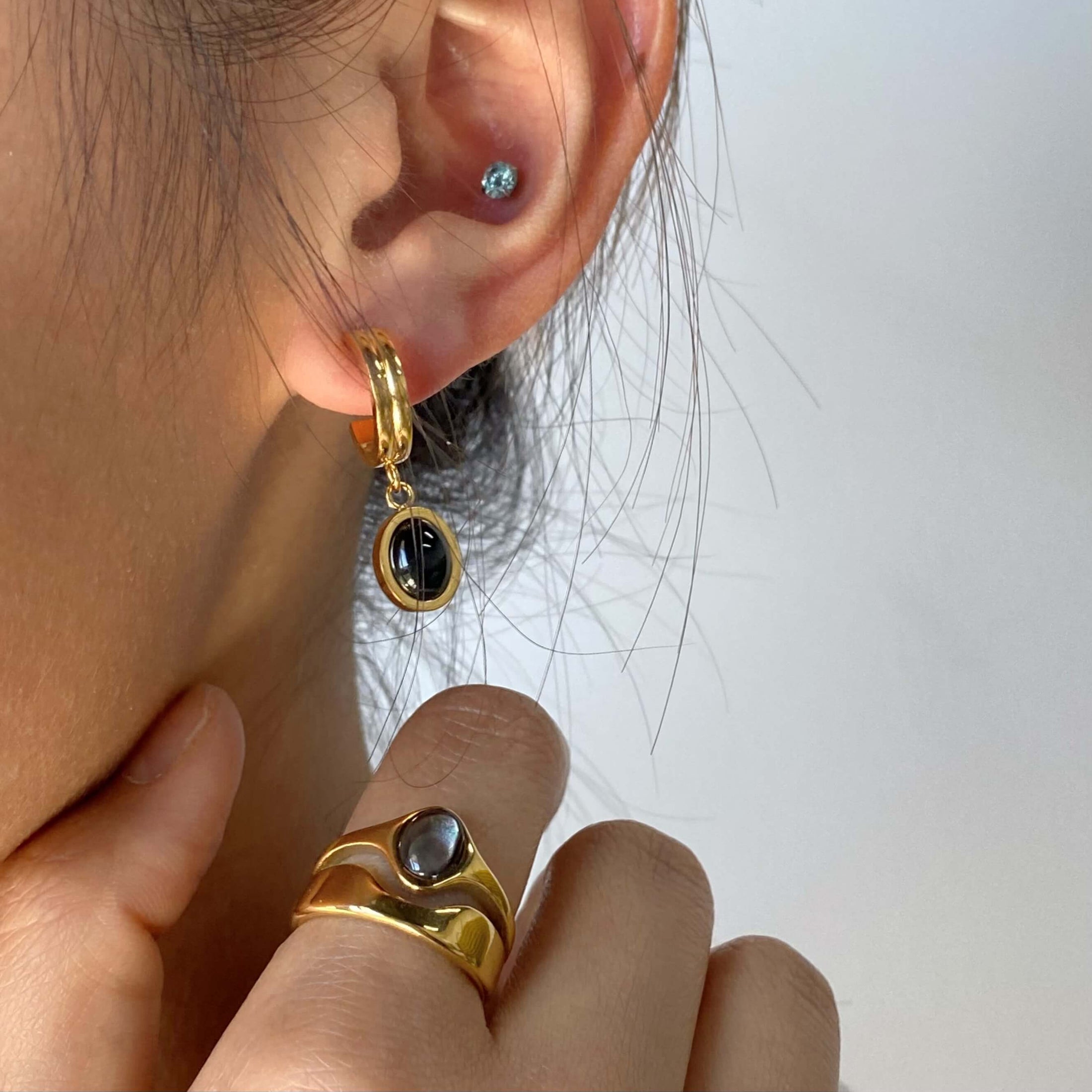 Black Onyx Drop Hoop Earrings, waterproof 18k gold-plated stainless steel