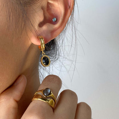 Black Onyx Drop Hoop Earrings, waterproof 18k gold-plated stainless steel