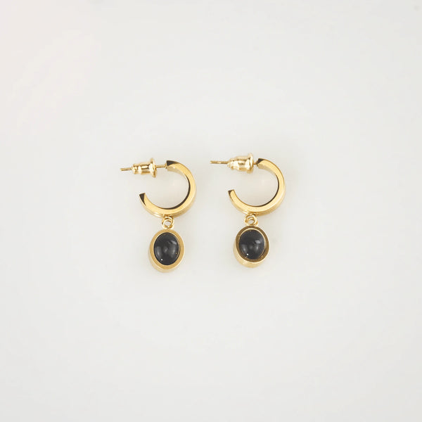 Black Onyx Drop Hoop Earrings - Hypoallergenic 316L