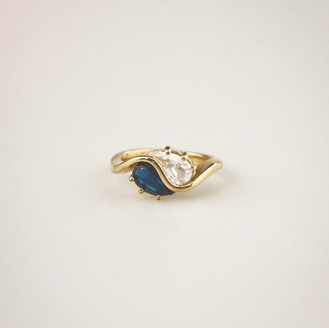 blue stone ring in stainless steel, gold waterproof ring 