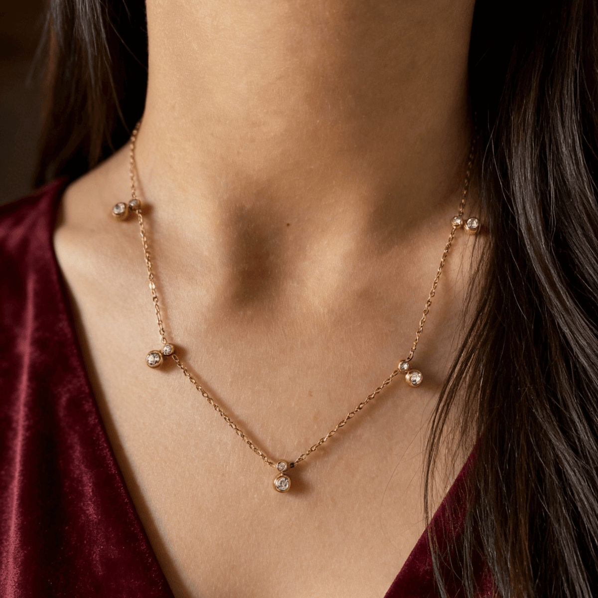 Crystal Bezel Station Necklace, waterproof 18k gold-plated stainless steel