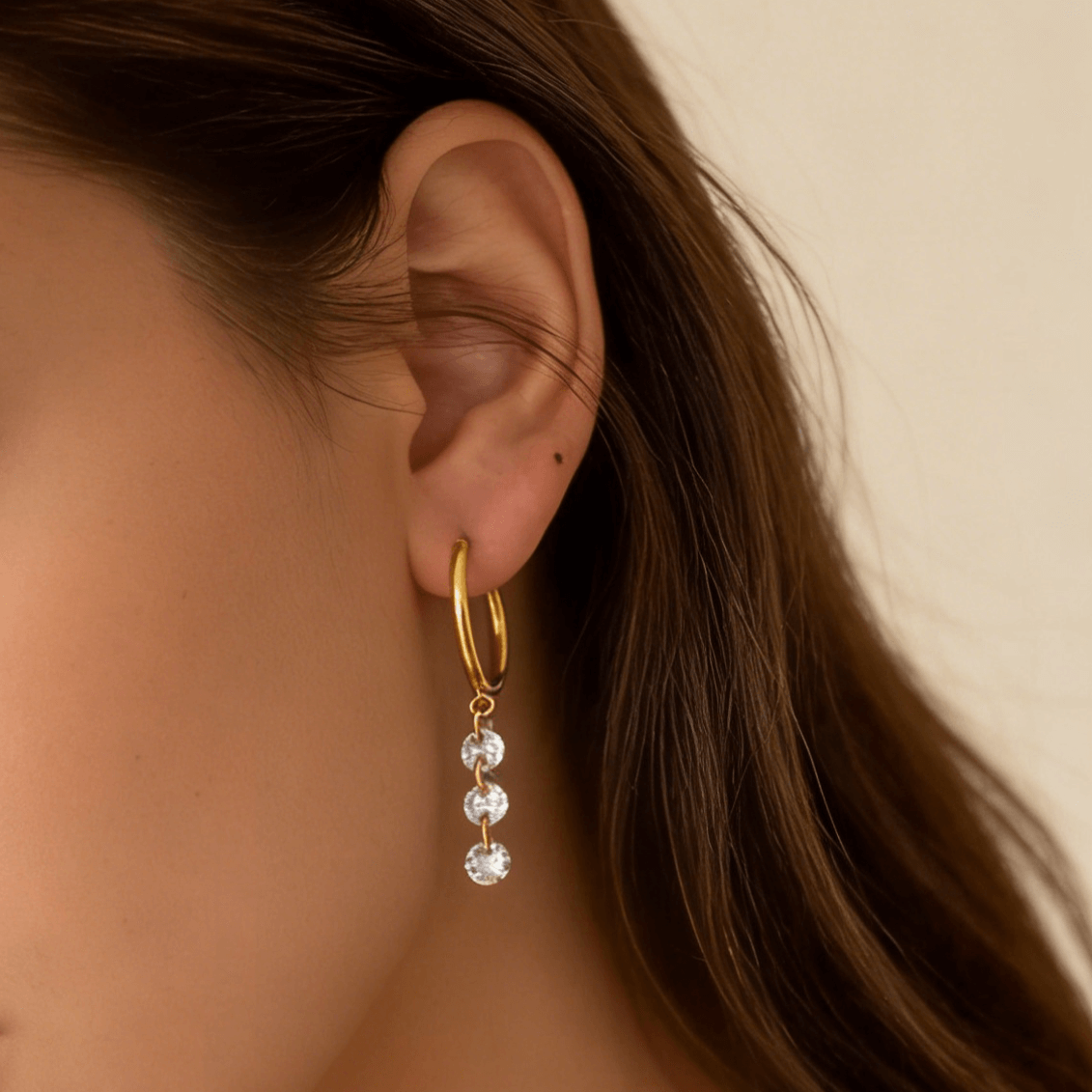 Crystal Drop Hoop Earrings, waterproof 18k gold-plated stainless steel