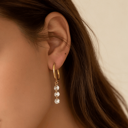Crystal Drop Hoop Earrings, waterproof 18k gold-plated stainless steel