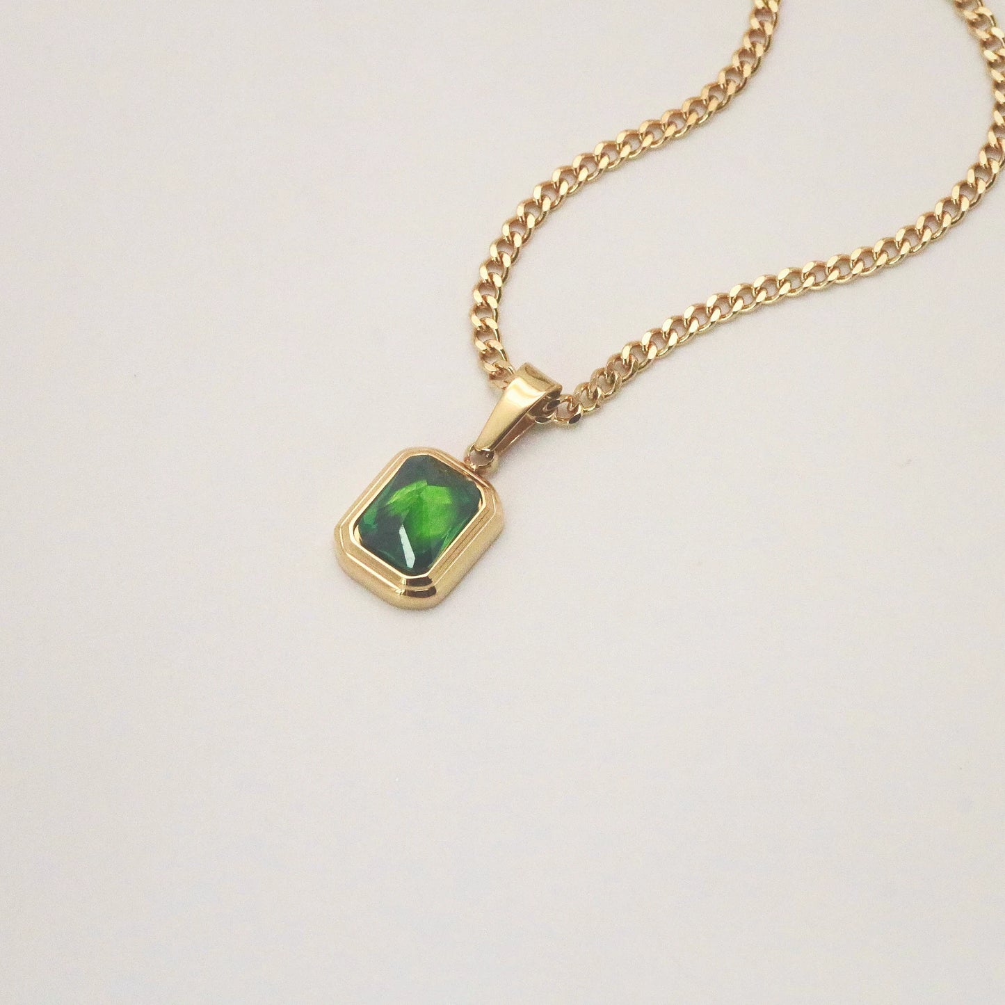 Waterproof Gold Pendant Necklace with Emerald Stone, 18k gold-plated stainless steel