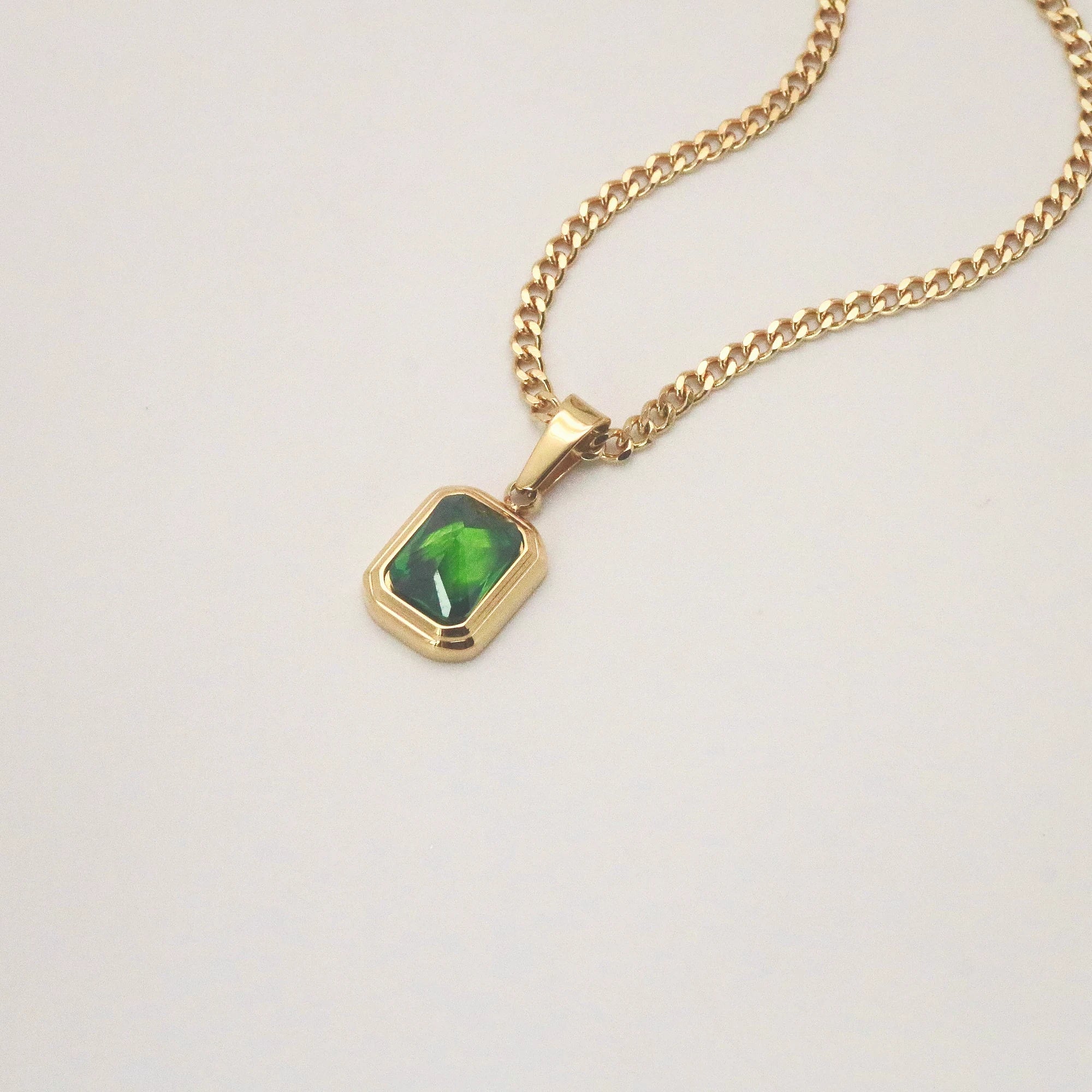 Waterproof Gold Pendant Necklace with Emerald Stone, 18k gold-plated stainless steel