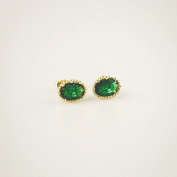 Emerald Oval Stud Earrings - Hypoallergenic Gold Plated Jewelry