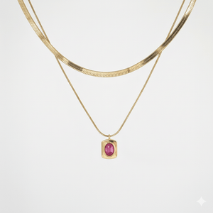 Meideya Jewelry Layered snake chain necklace with a pink gemstone pendant 