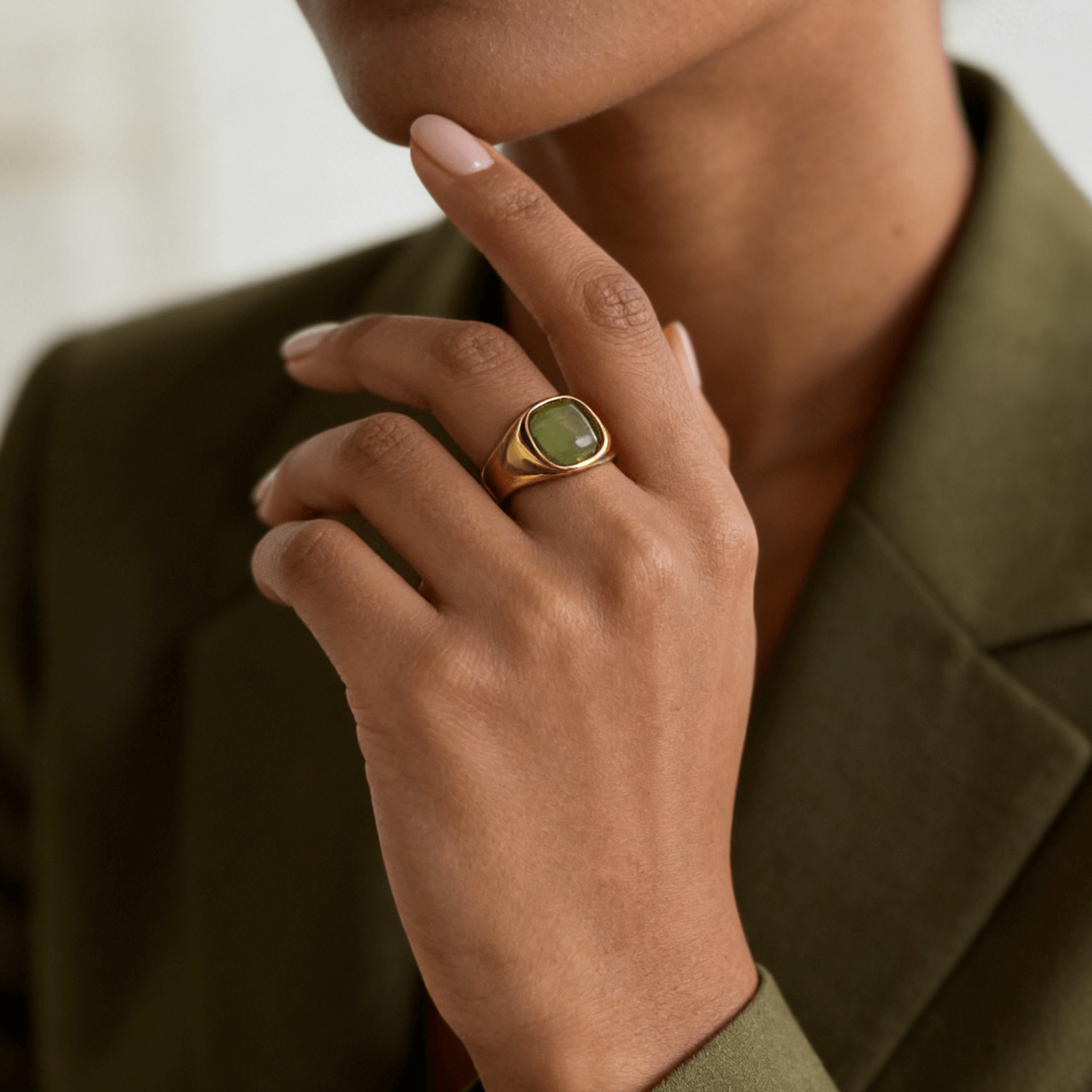 Green Cat's Eye Signet Ring, waterproof 18k gold-plated stainless steel
