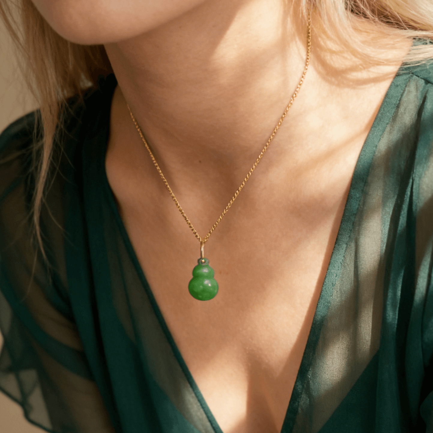 Waterproof Green Jade Gourd Necklace, 18k gold-plated stainless steel