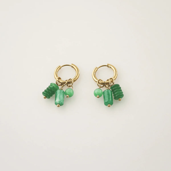 Green Jade Triple Charm Hoop Earrings - Waterproof & Hypoallergenic