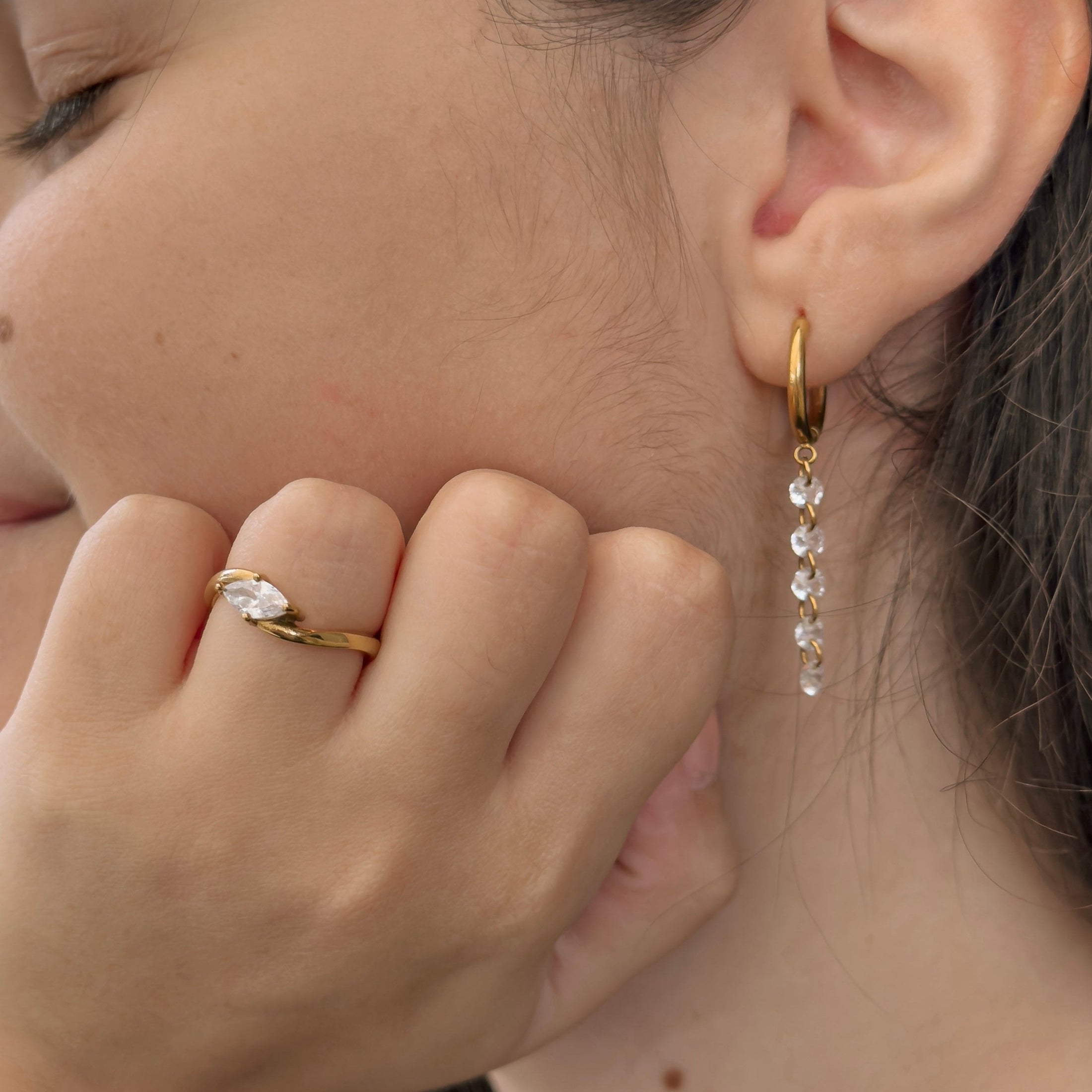 Crystal Drop Hoop Earrings, waterproof 18k gold-plated stainless steel