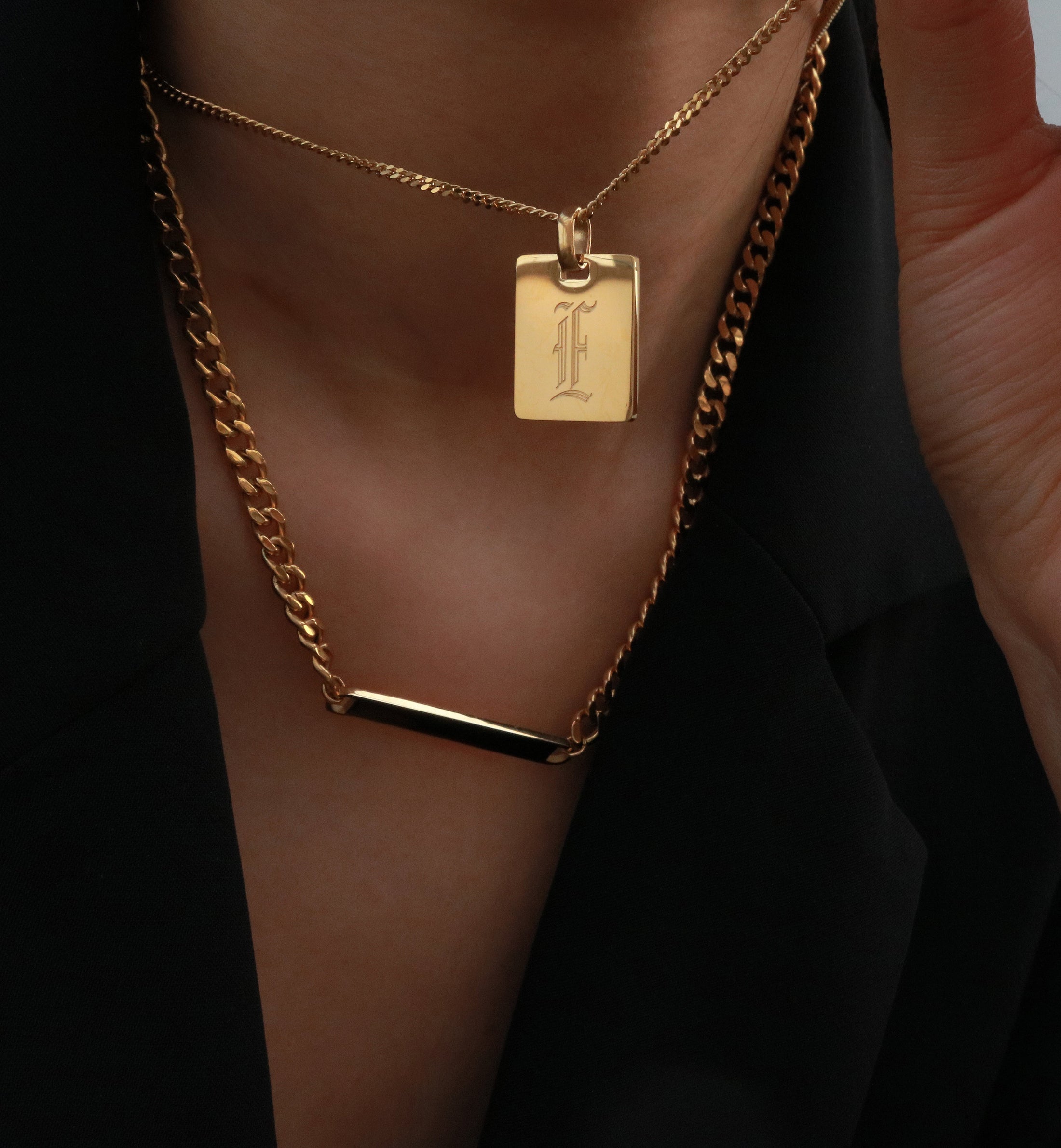 Hypoallergenic Old English Initial Tag Necklace, 18k gold-plated stainless steel