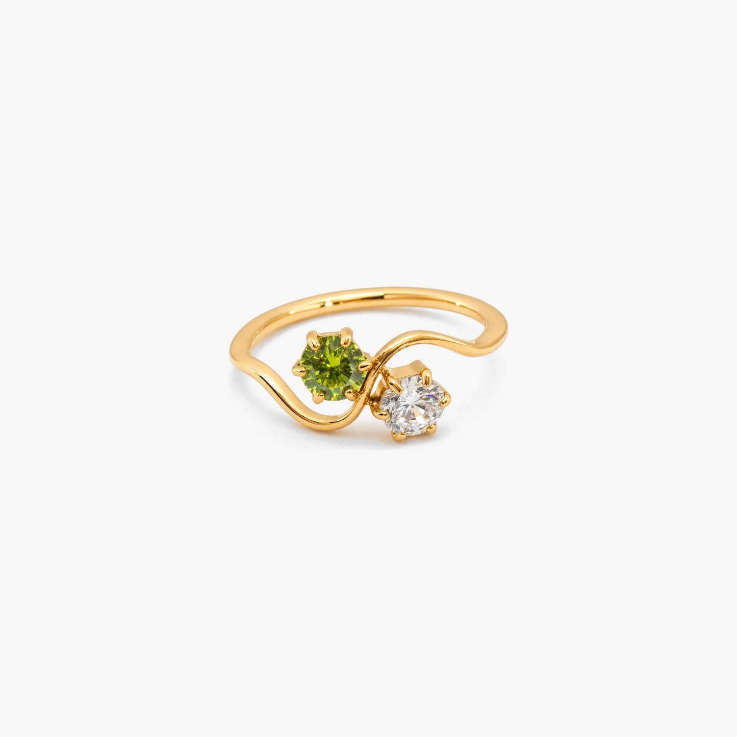 Peridot & White CZ Wave Ring, waterproof 18k gold-plated stainless steel