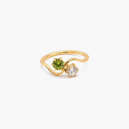 Peridot & White CZ Wave Ring, waterproof 18k gold-plated stainless steel