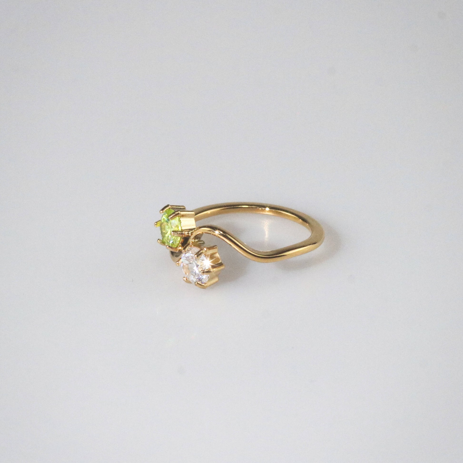 Peridot & White CZ Wave Ring, waterproof 18k gold-plated stainless steel