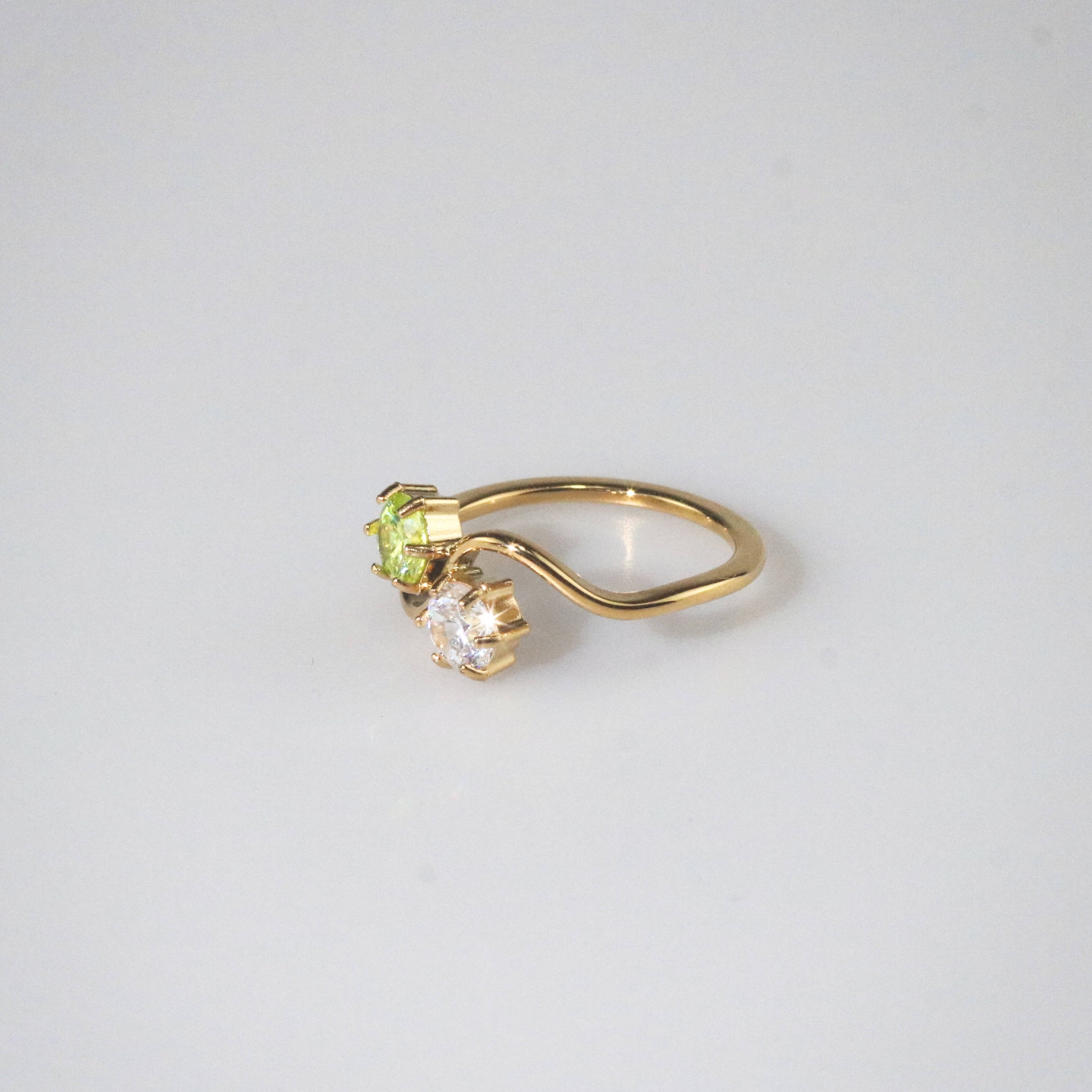 Peridot & White CZ Wave Ring, waterproof 18k gold-plated stainless steel