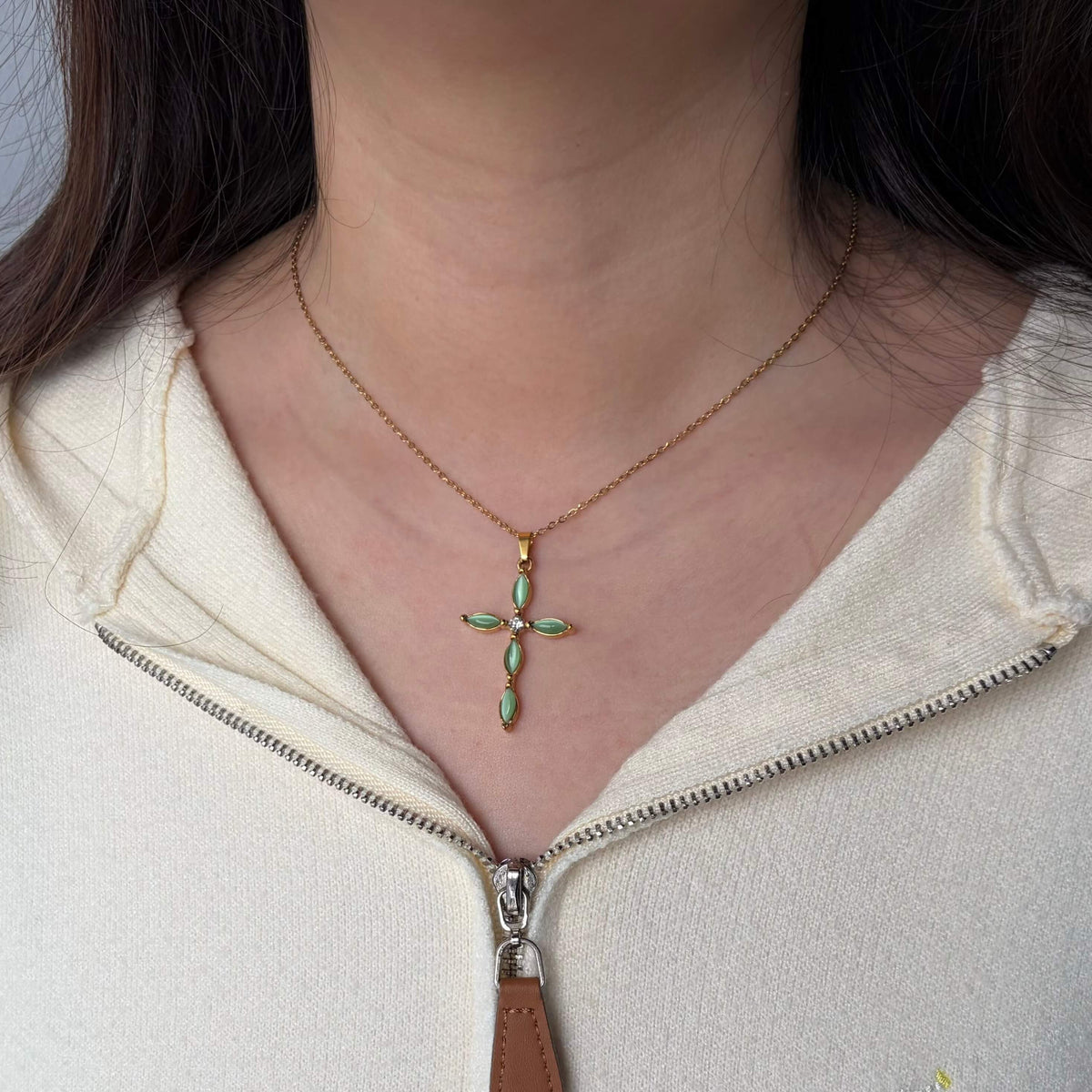 Green Cat's Eye Cross Necklace, waterproof 18k gold-plated stainless steel