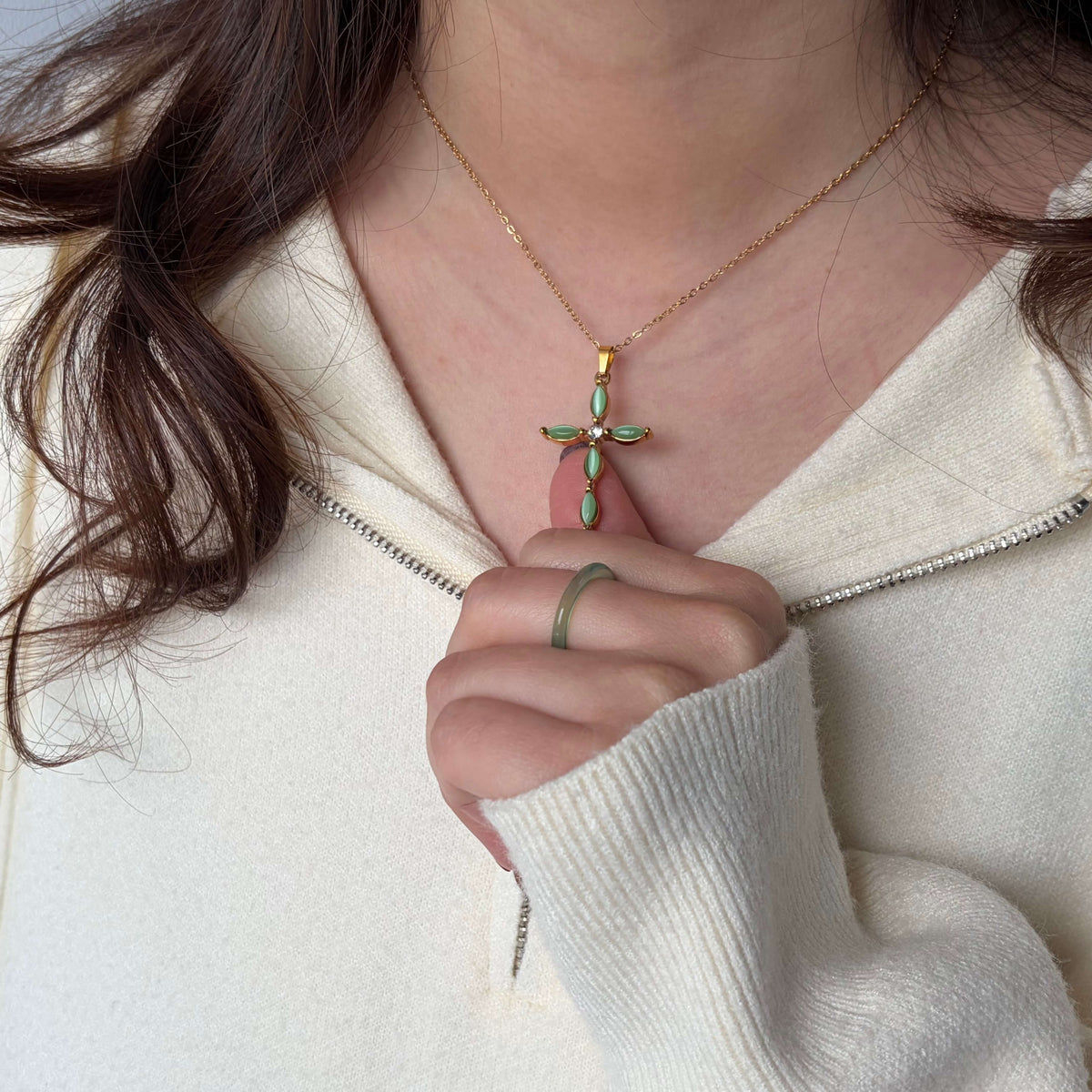 Green Cat's Eye Cross Necklace, waterproof 18k gold-plated stainless steel