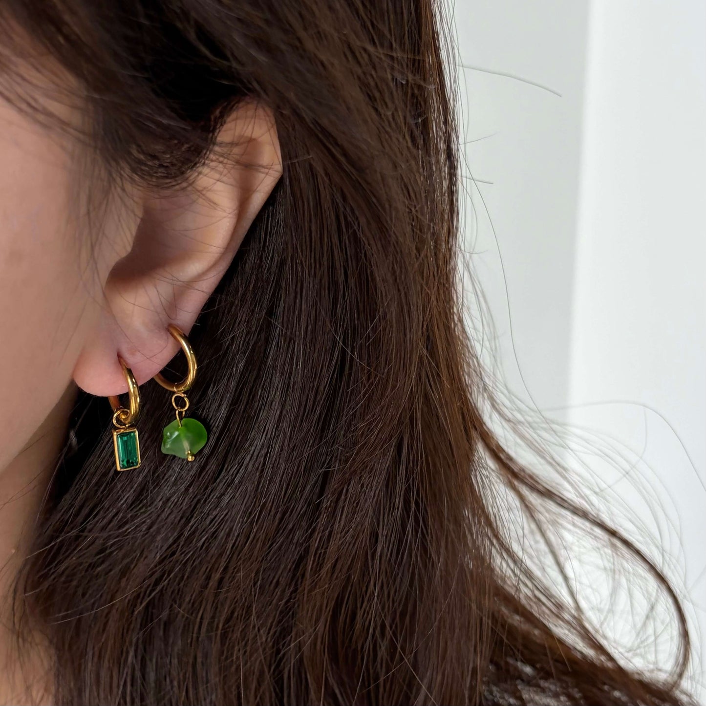 Waterproof Green Sparkle Hoop Earrings, 18k gold-plated stainless steel