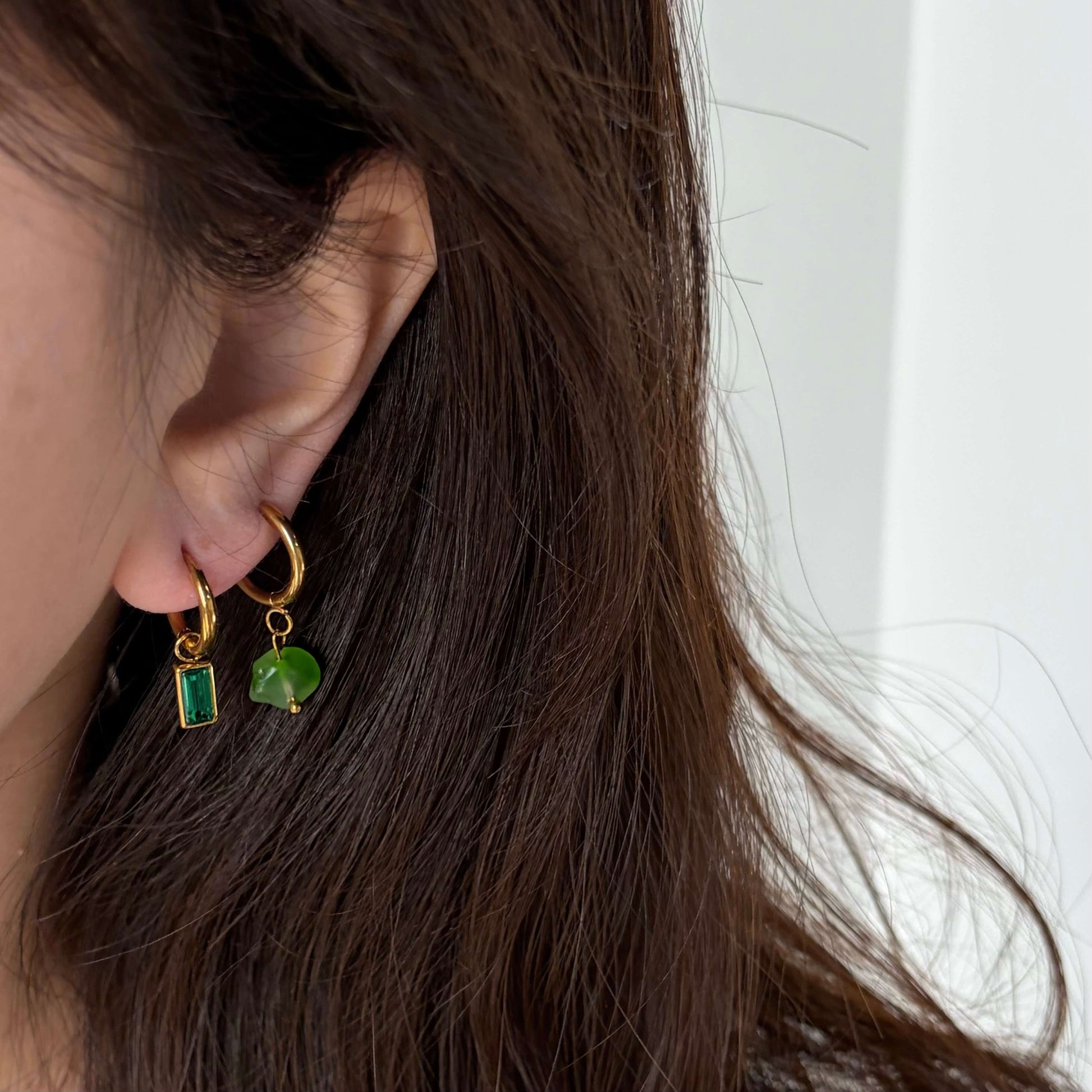 Waterproof Green Sparkle Hoop Earrings, 18k gold-plated stainless steel