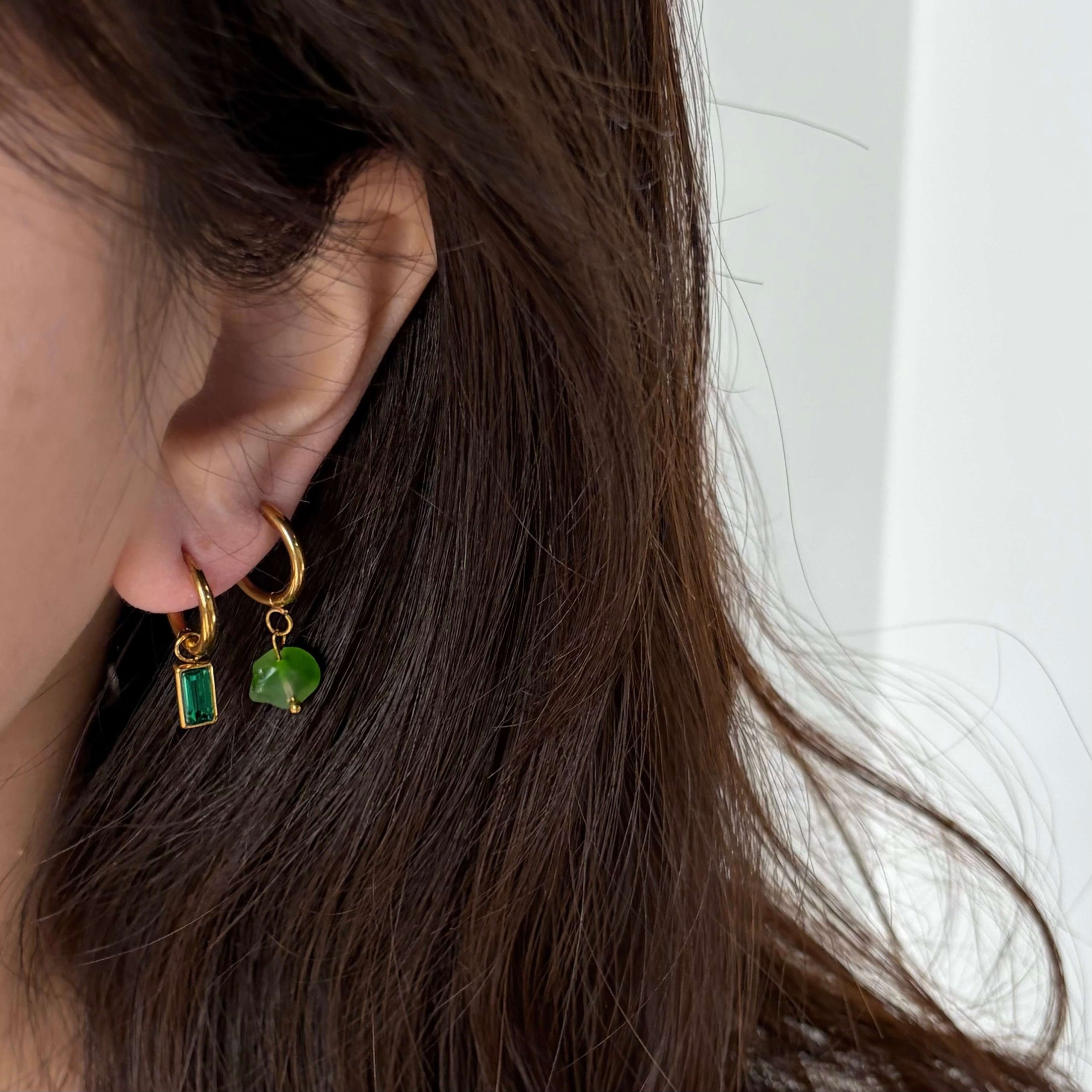 Waterproof Green Sparkle Hoop Earrings, 18k gold-plated stainless steel