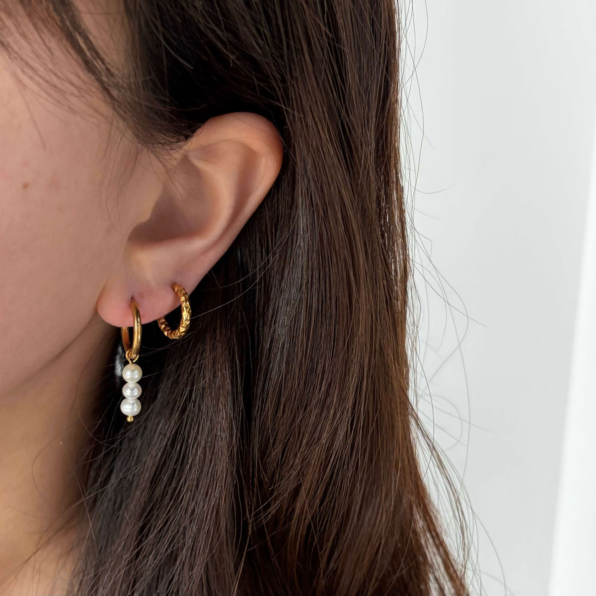Triple Pearl Hoop Earrings, waterproof 18k gold-plated stainless steel